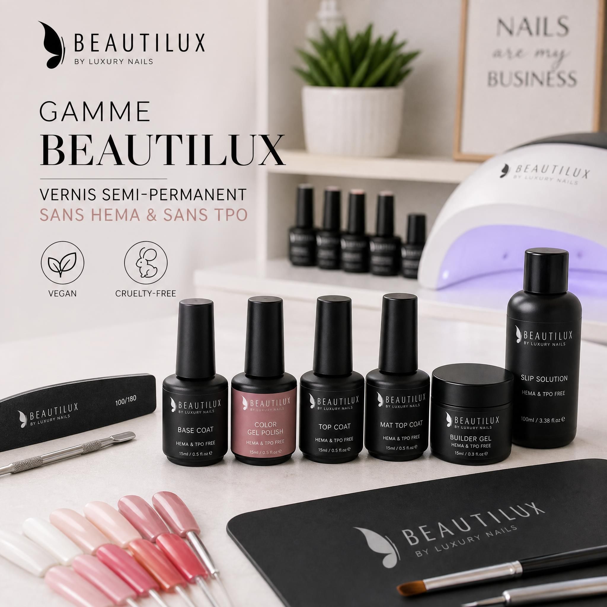 Gamme de produits Beautilux - vernis semi-permanent sans HEMA et sans TPO, vegan et cruelty-free, disposés sur un plan de travail de nail tech professionnel