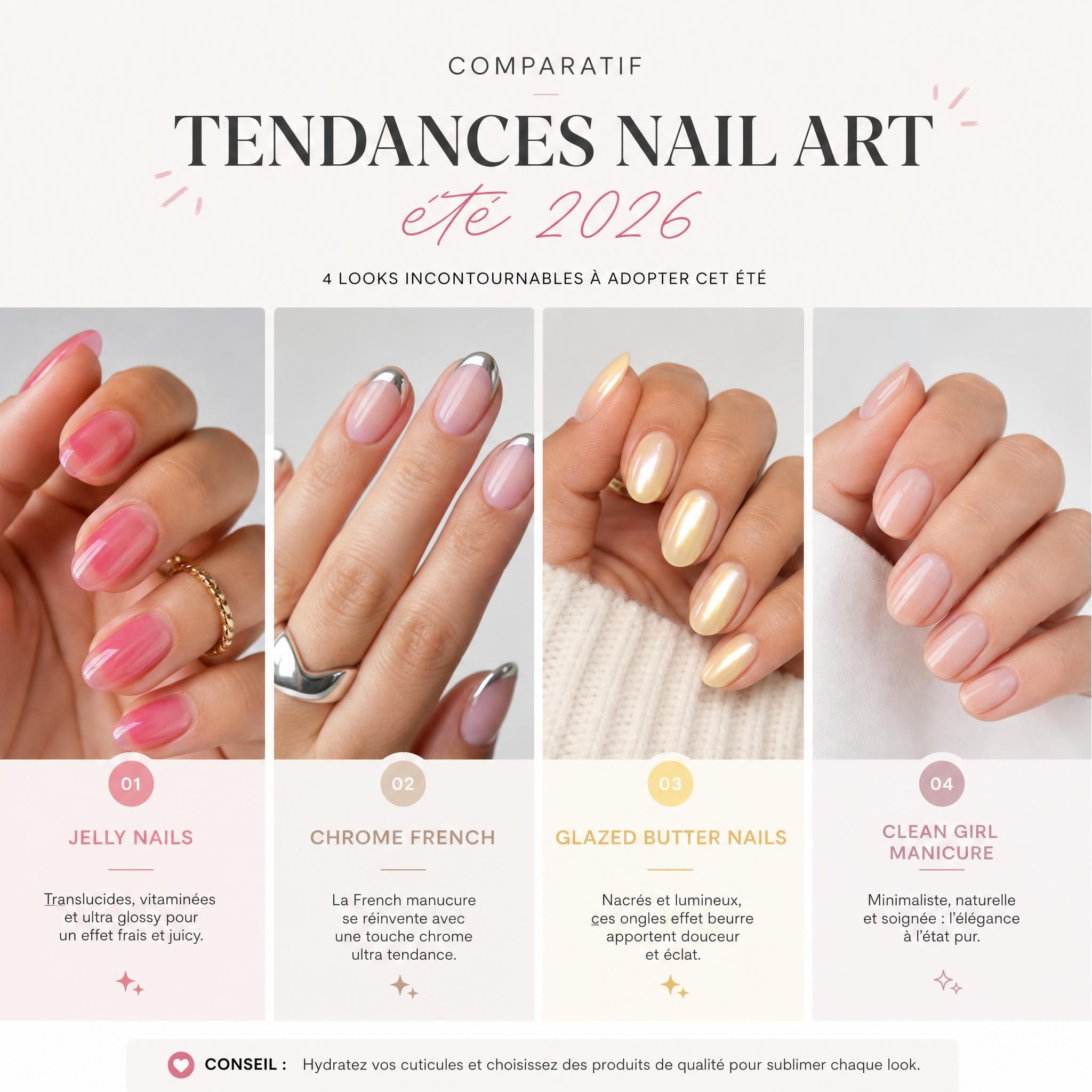 Comparatif tendances nail art été 2026 - jelly nails, chrome french, glazed butter nails et clean girl manicure côte à côte