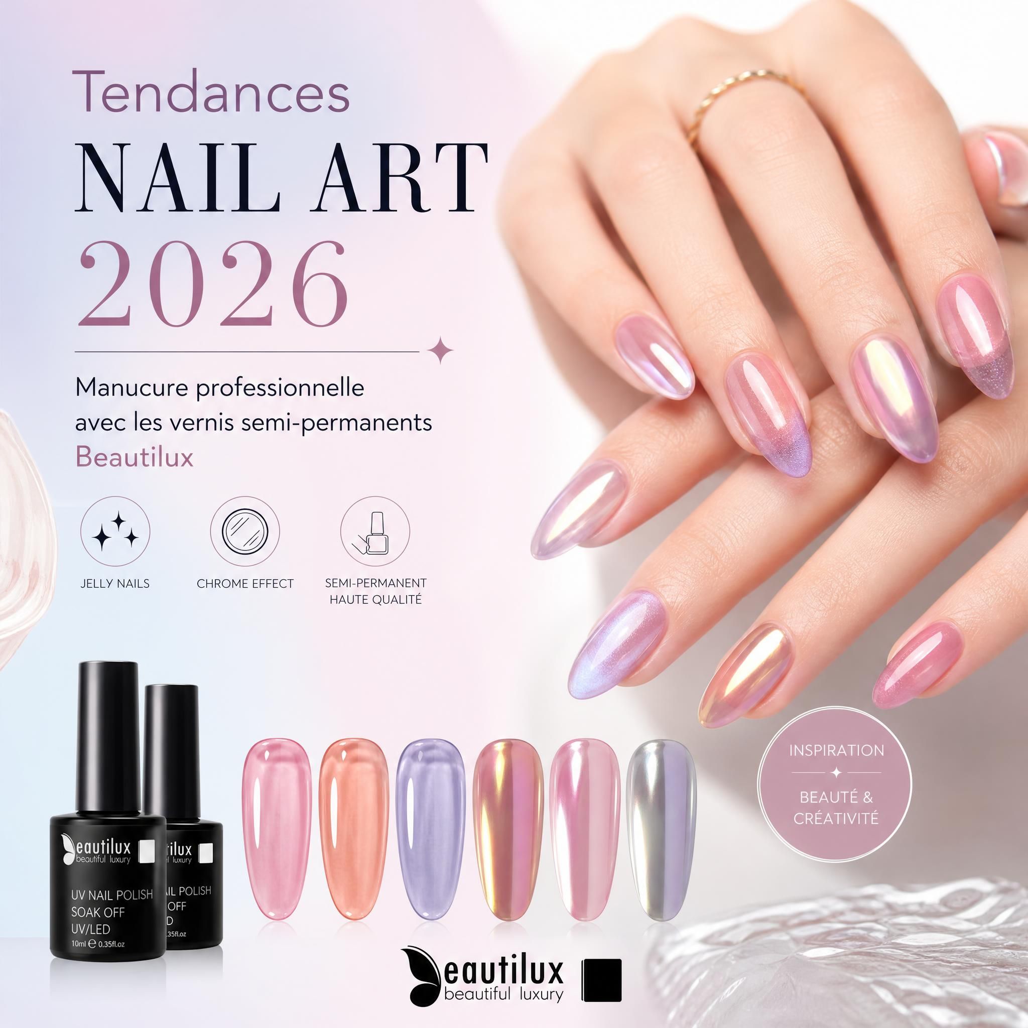 Tendances nail art 2026 - manucure professionnelle avec vernis semi-permanent Beautilux, ongles jelly nails et chrome sur fond pastel
