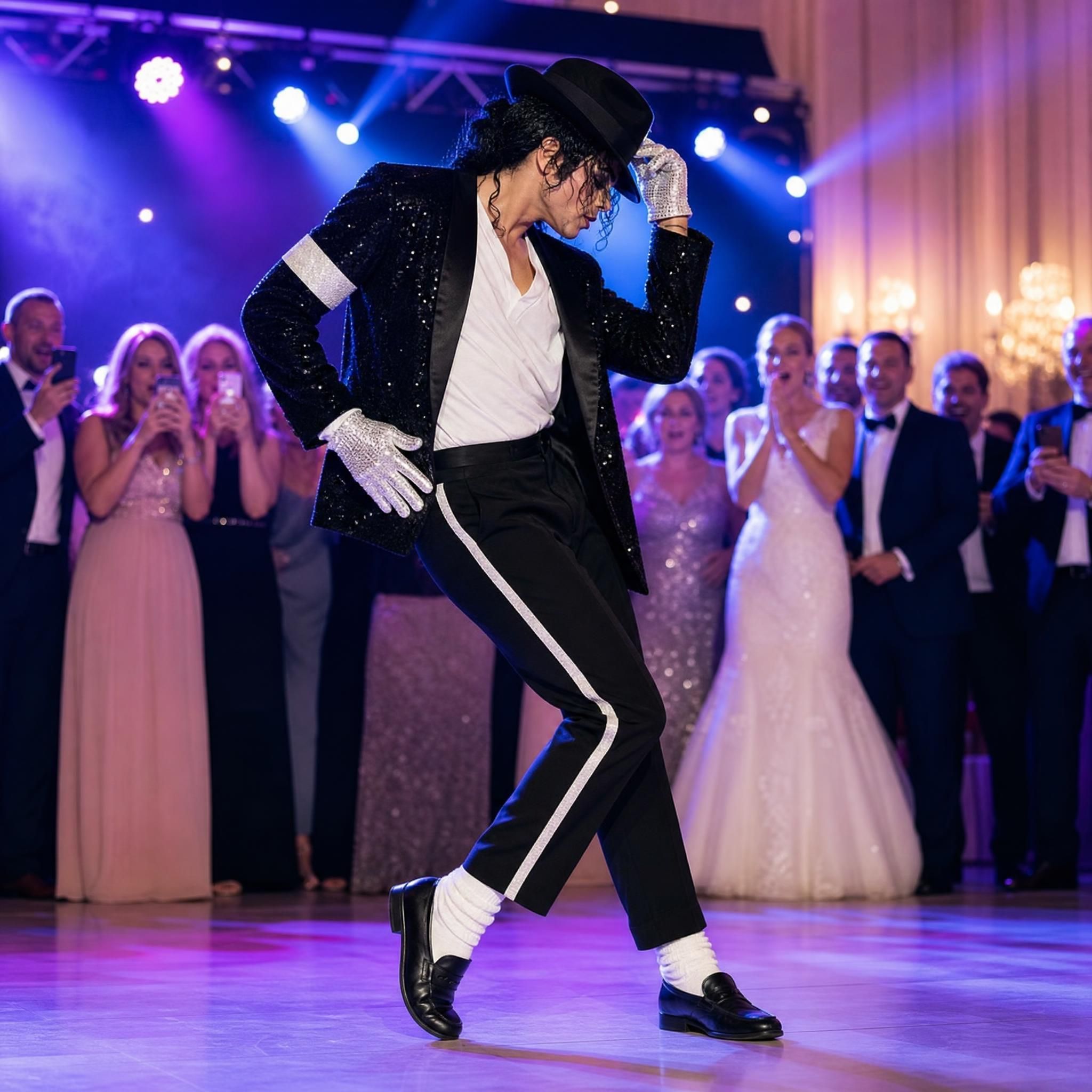 Artiste transformiste en costume de Michael Jackson sur scène lors d'un mariage, lumières colorées et invités émerveillés en arrière-plan