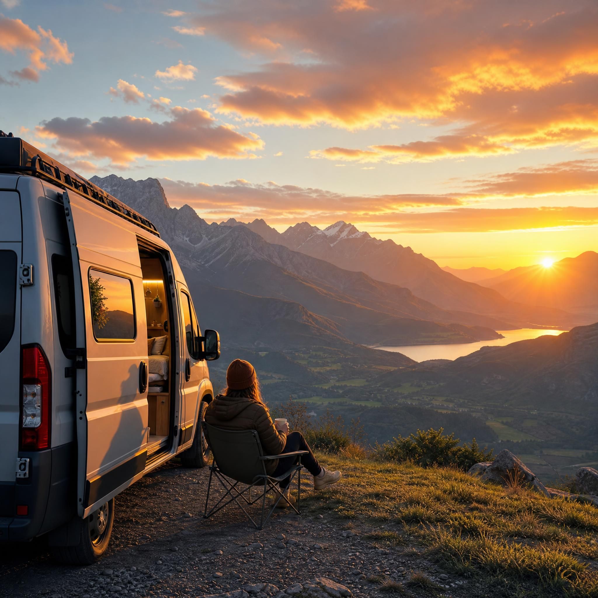 Van aménagé garé face à un paysage montagneux en France au coucher du soleil, road trip liberté