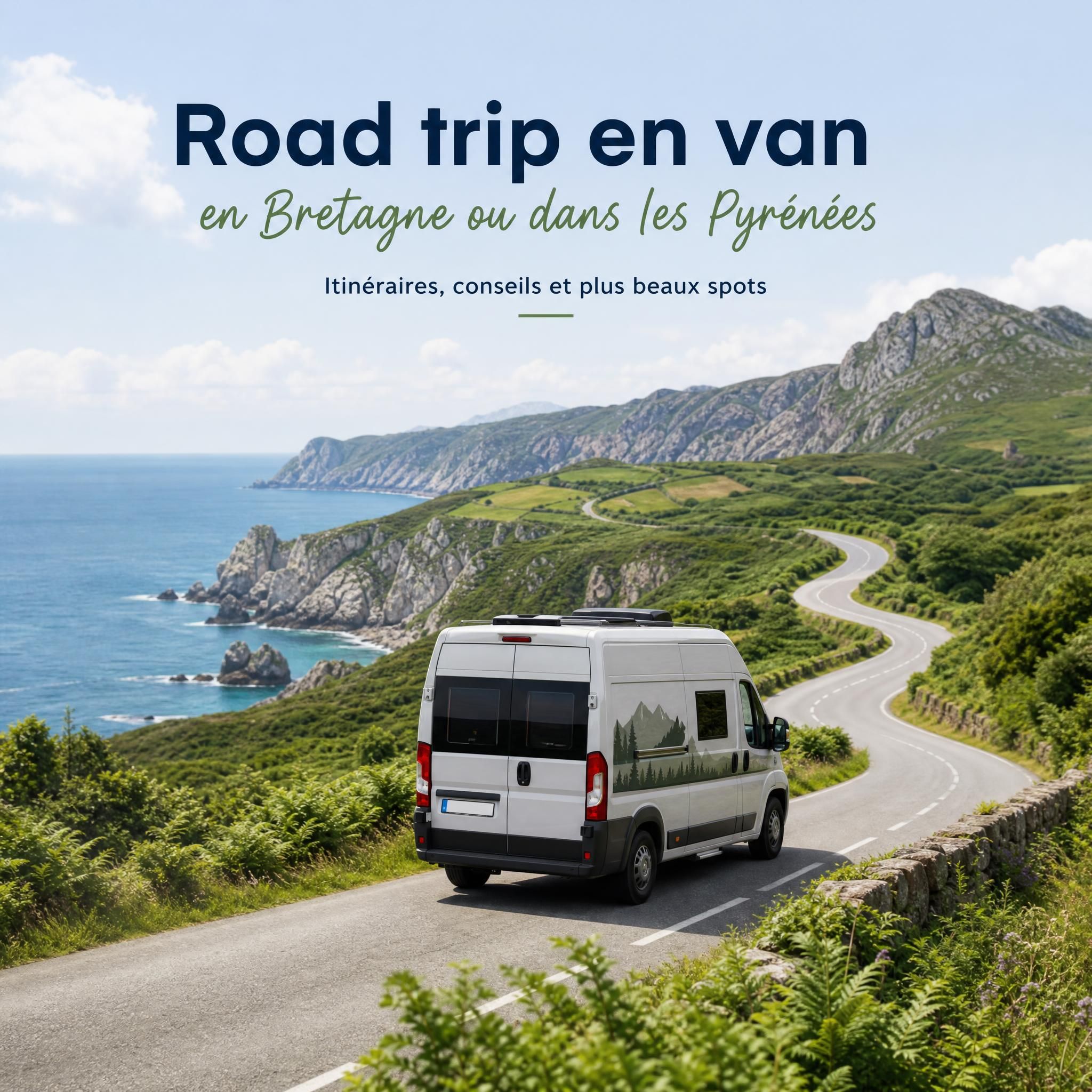 Route sinueuse en van aménagé traversant les paysages verdoyants de Bretagne ou des Pyrénées en été