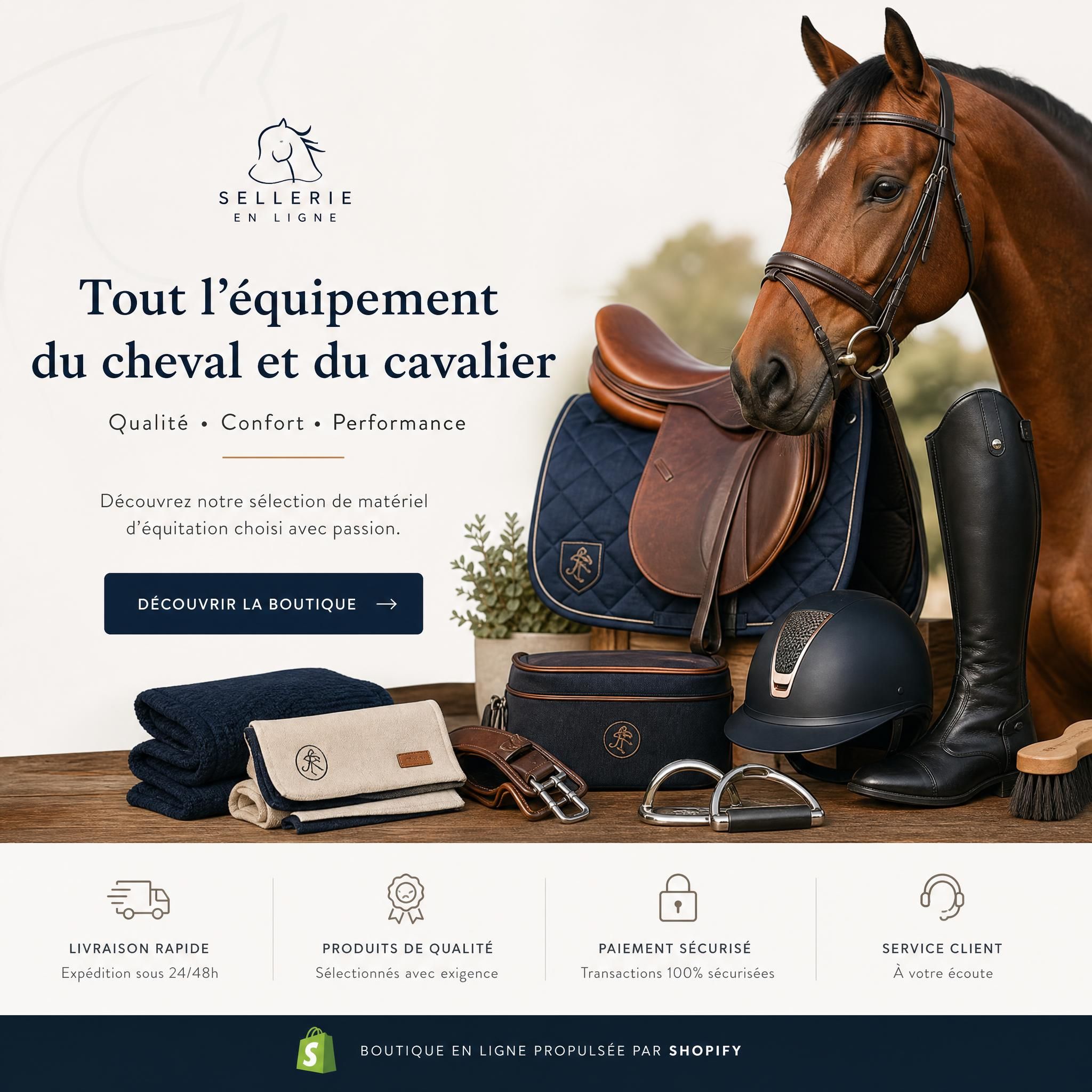 Boutique de sellerie équestre en ligne sur Shopify, matériel d'équitation cheval et cavalier