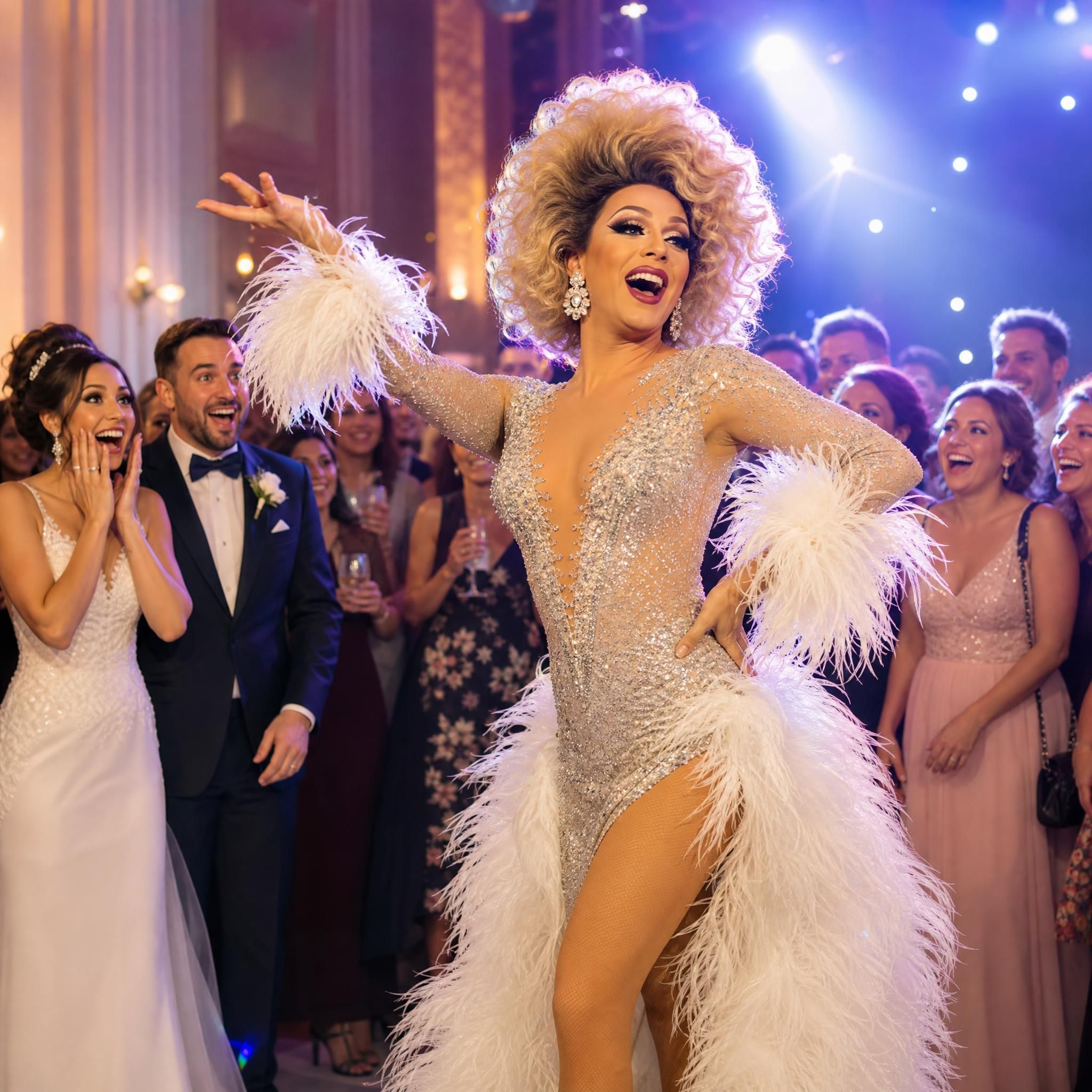 Artiste transformiste en costume de scène lors d'un mariage, entouré d'invités ébahis et souriants, ambiance festive et lumières de spectacle