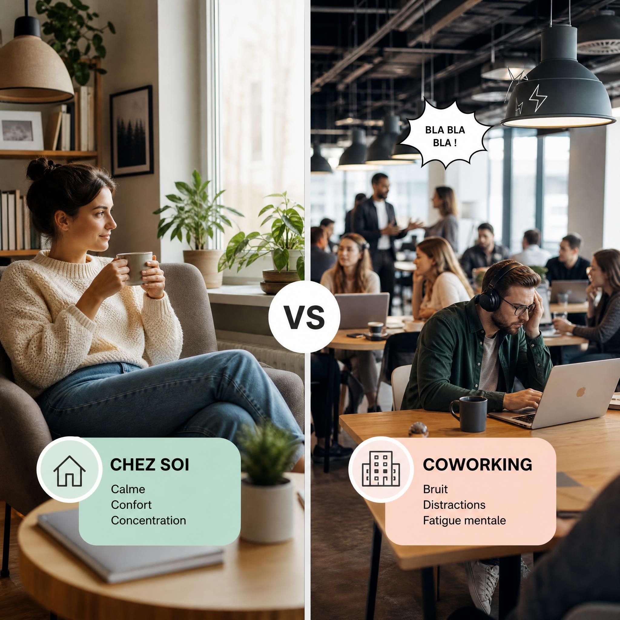 Personne assise dans un salon chez un particulier, au calme, avec une tasse de café — contraste avec un espace de coworking ouvert et bruyant