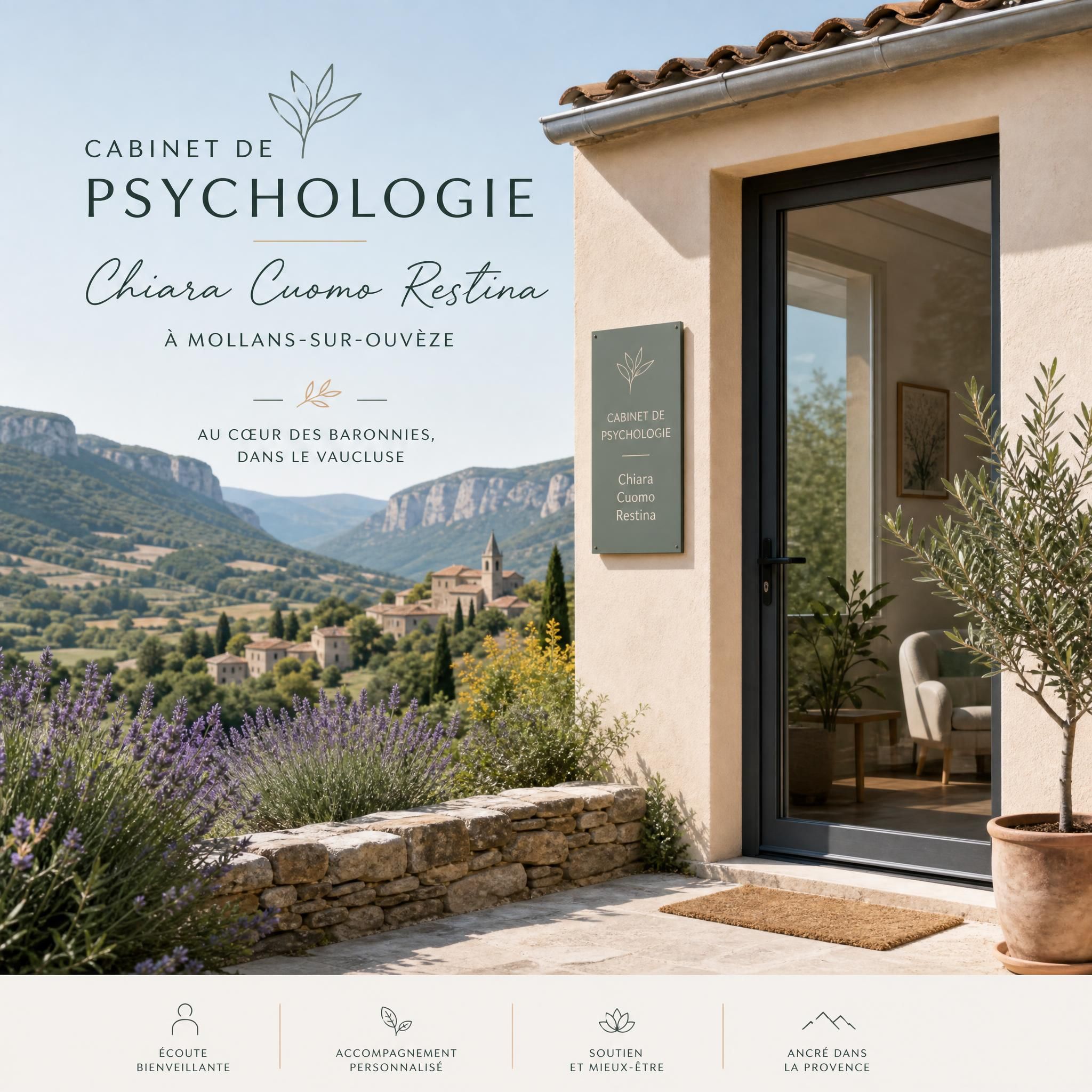 Cabinet de psychologie Chiara Cuomo Restina à Mollans-sur-Ouvèze, entouré du paysage provençal des Baronnies, Vaucluse
