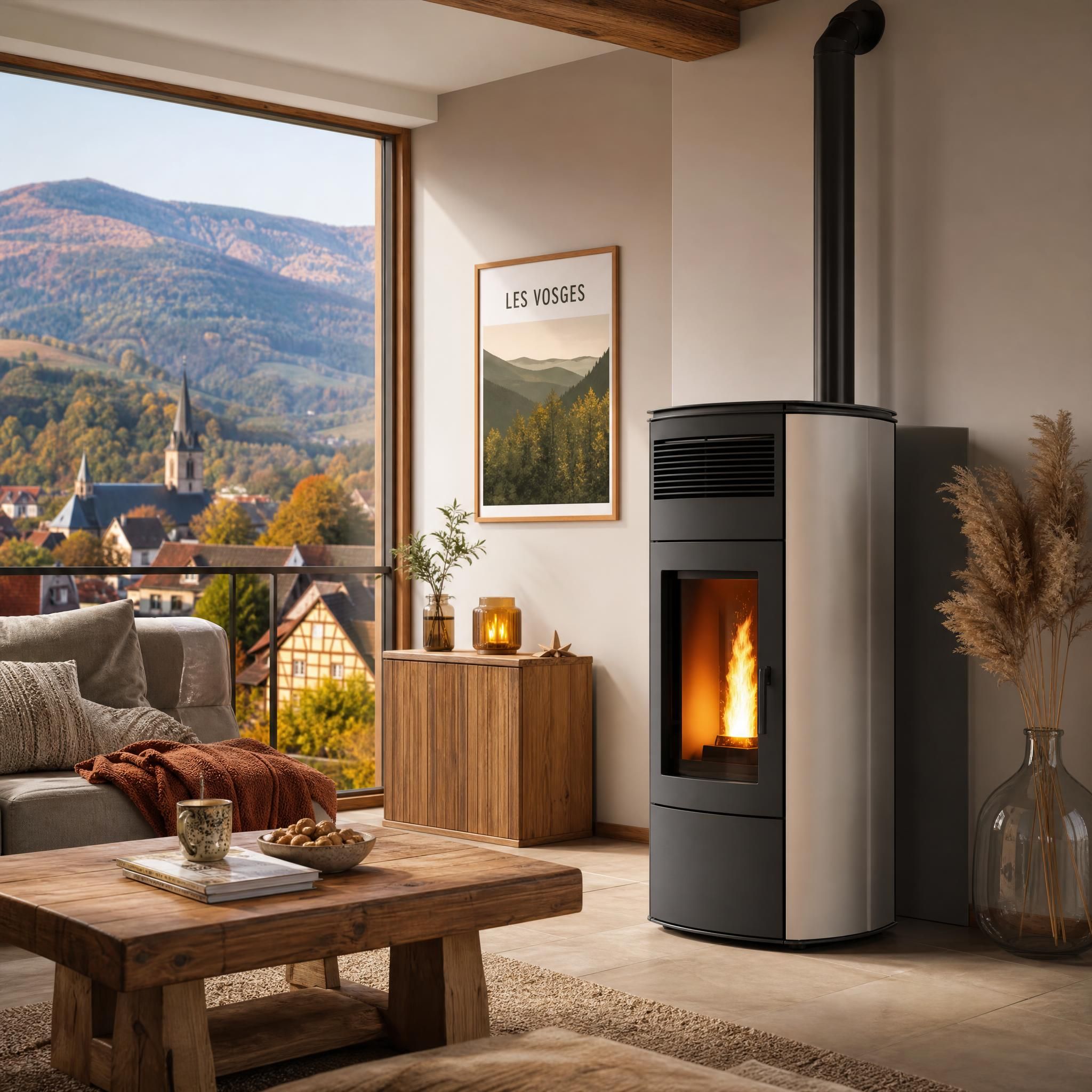 Poêle à granulés moderne installé dans un salon alsacien avec vue sur les Vosges, intérieur cosy et chaleureux