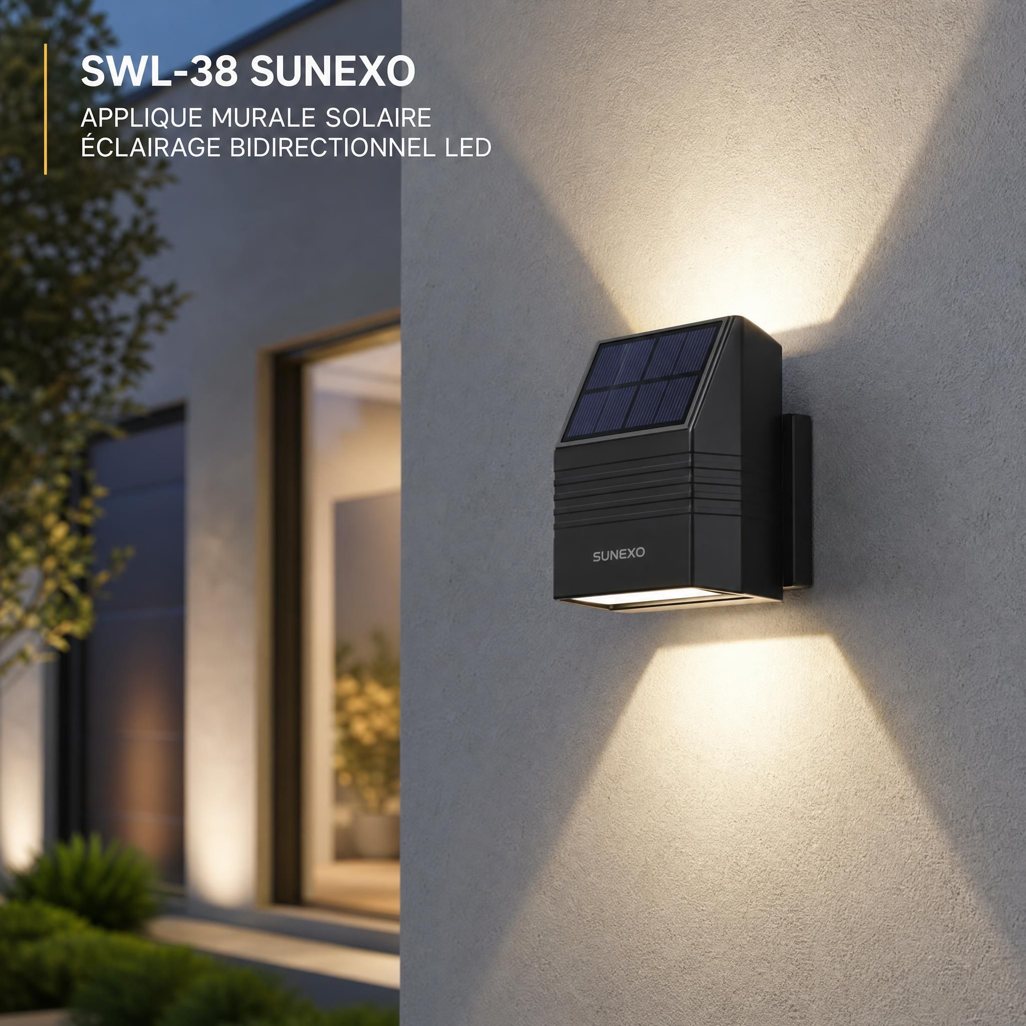 Applique murale solaire SWL-38 Sunexo installée sur façade extérieure, éclairage bidirectionnel LED blanc neutre