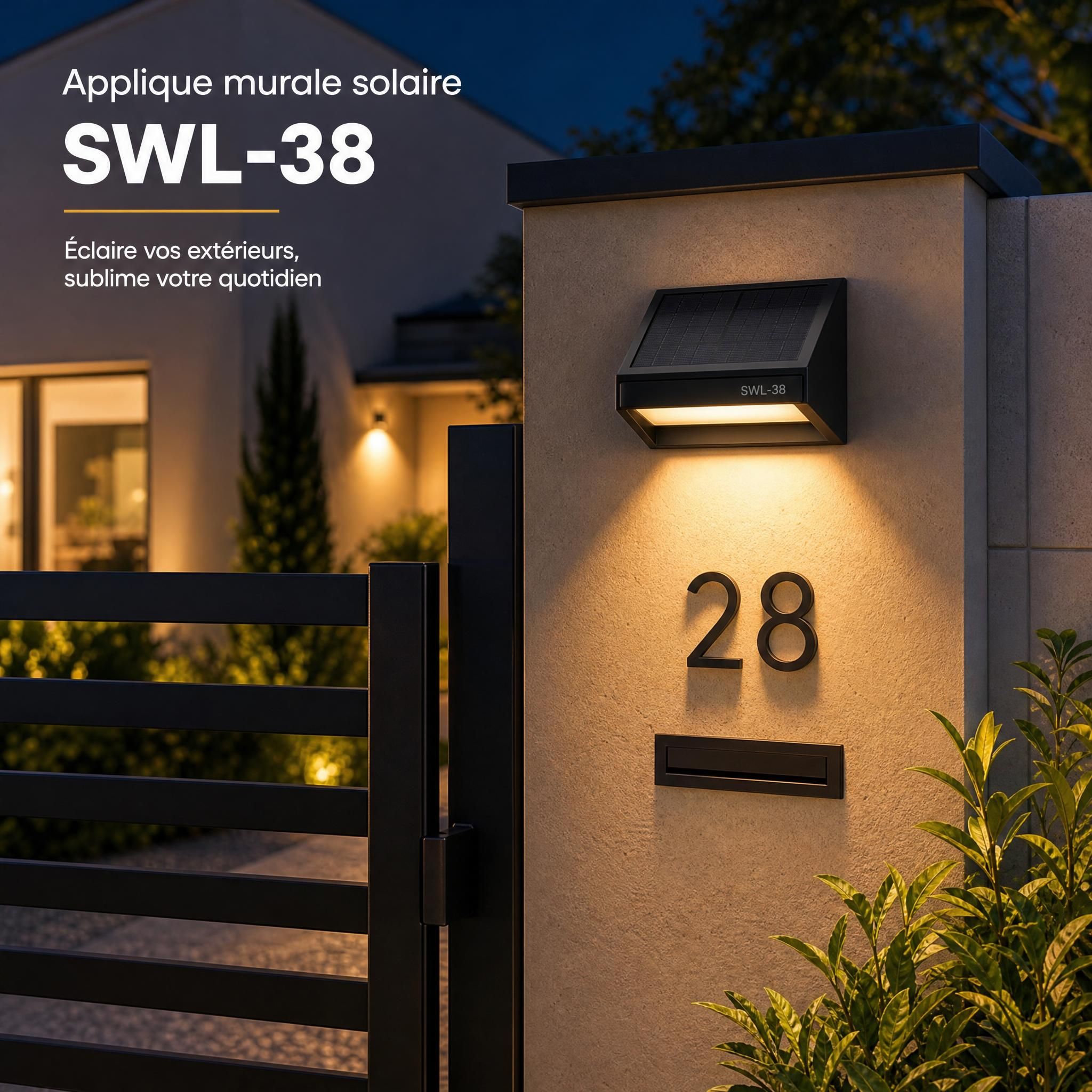 Applique murale solaire SWL-38 installée sur portail de maison individuelle, éclairage nocturne ambiance chaleureuse