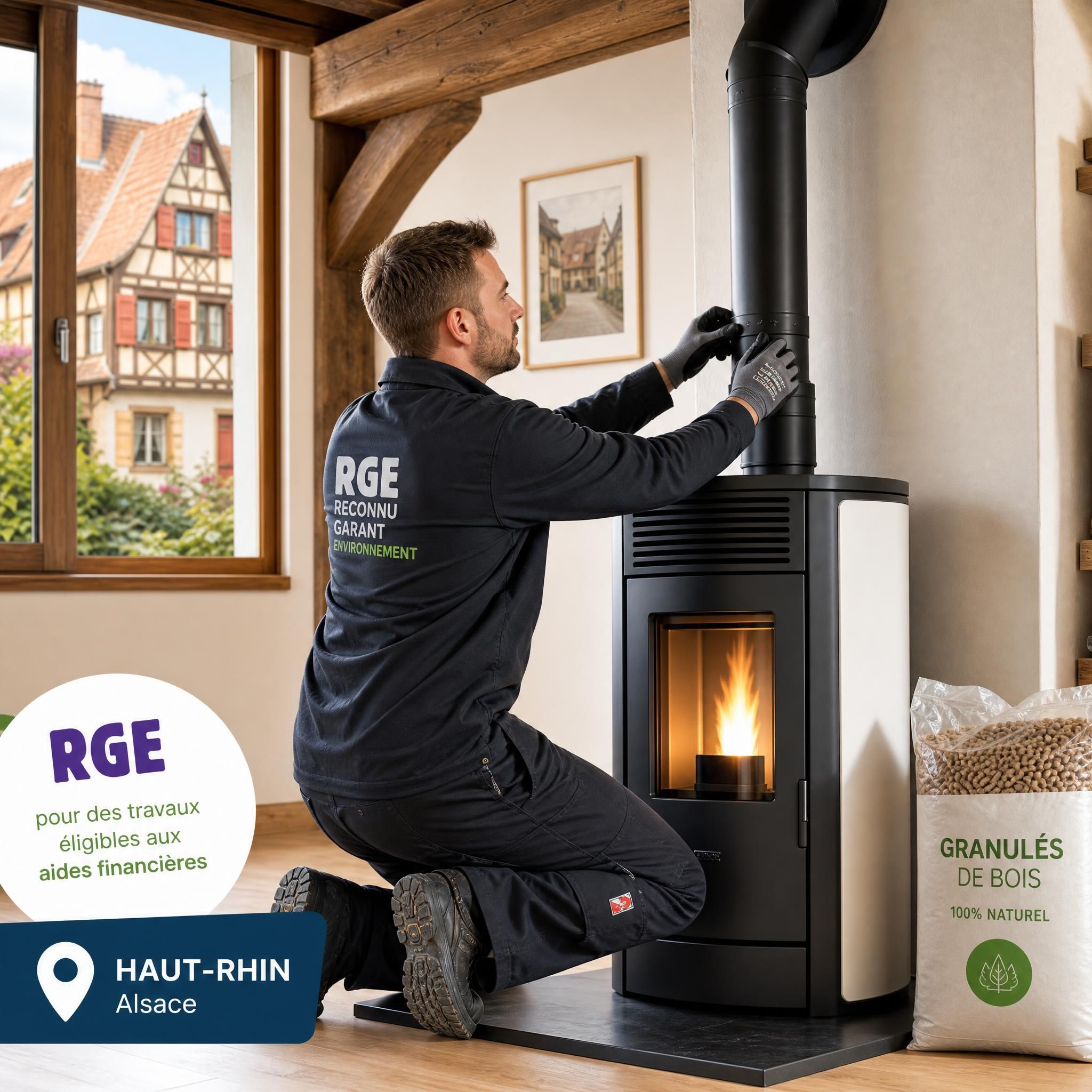 Technicien RGE réalisant l'installation d'un poêle à granulés dans une maison alsacienne, Haut-Rhin