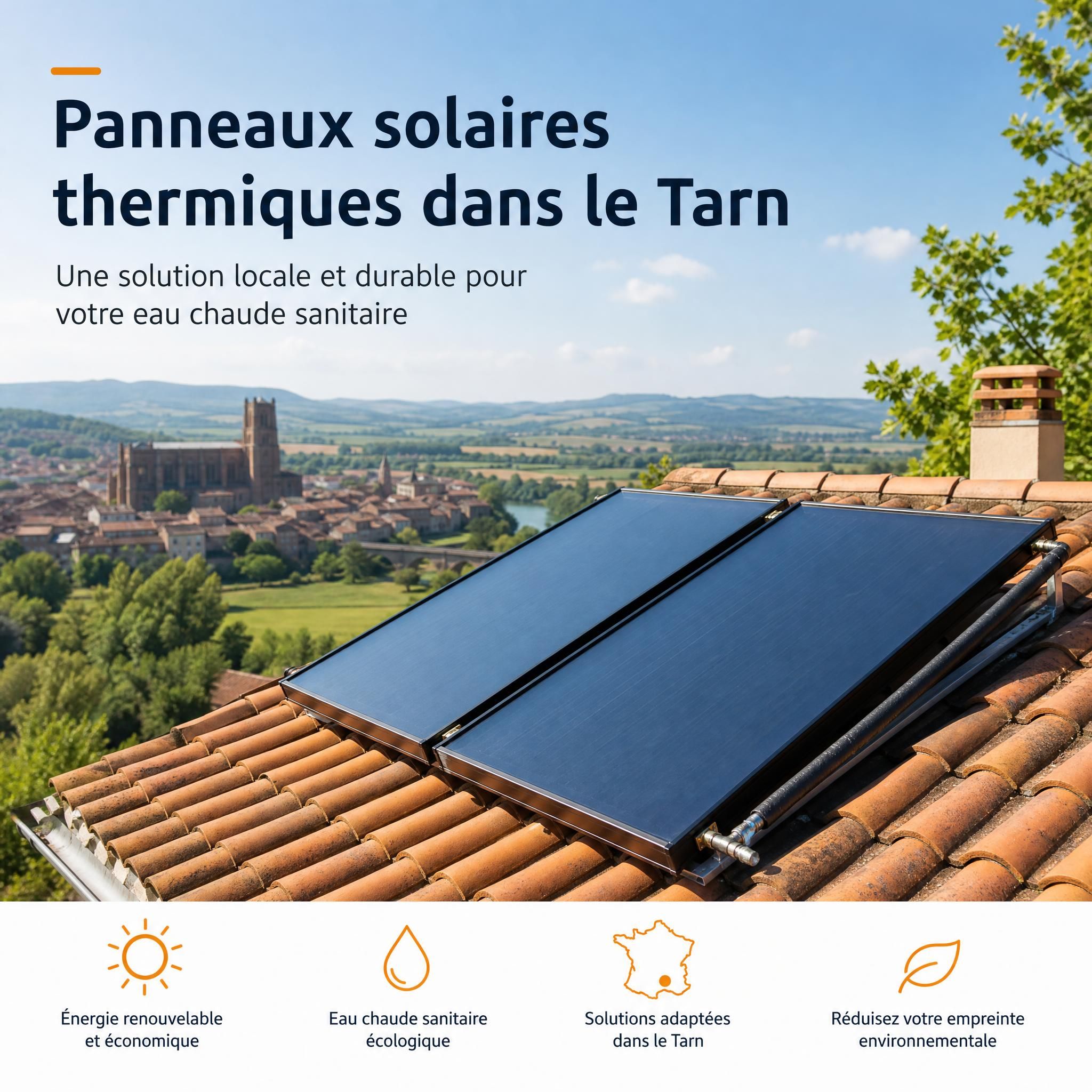 Panneaux solaires thermiques installés sur une toiture dans le Tarn, avec vue sur la campagne castraise