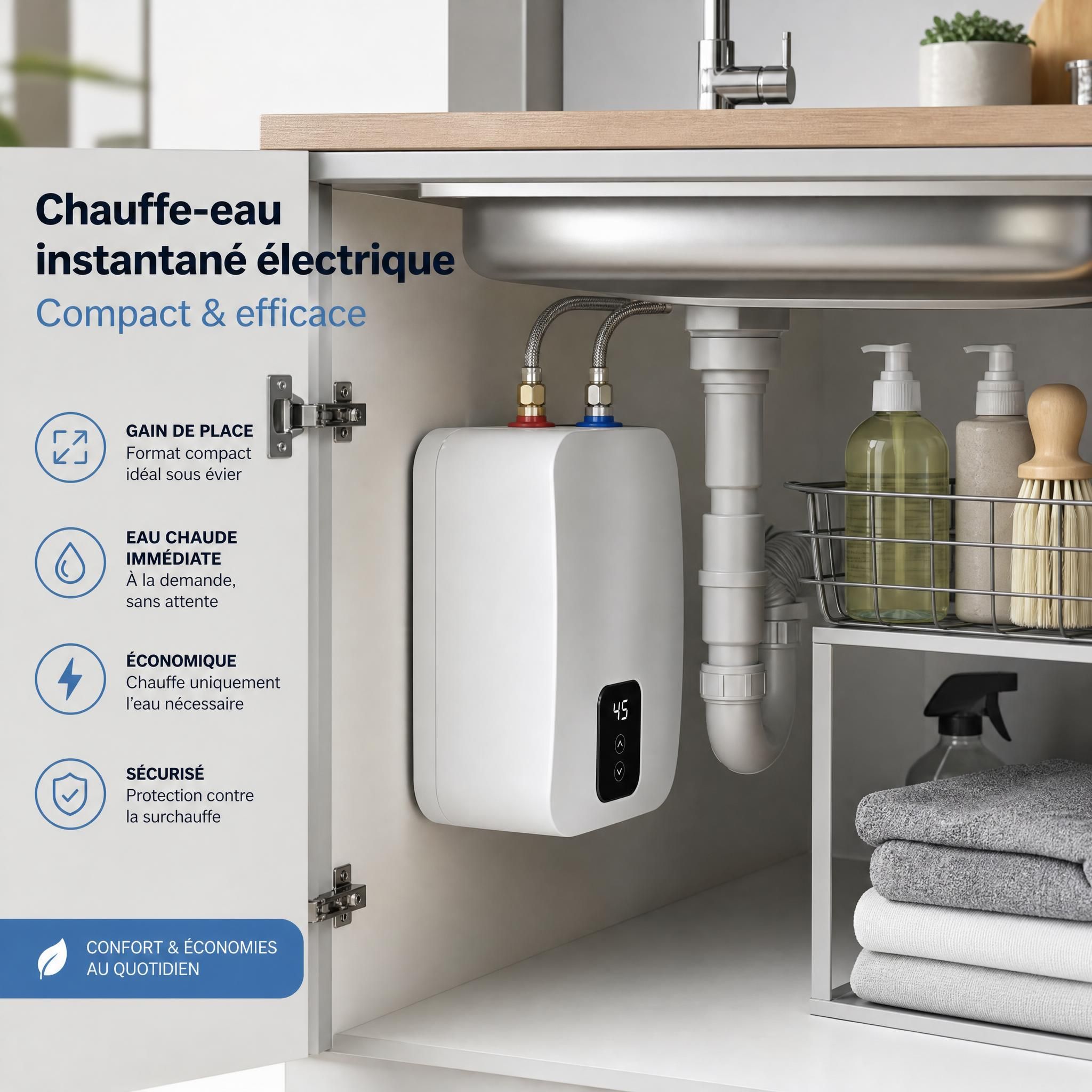 Chauffe-eau instantané électrique compact installé sous un évier de cuisine, gain de place visible