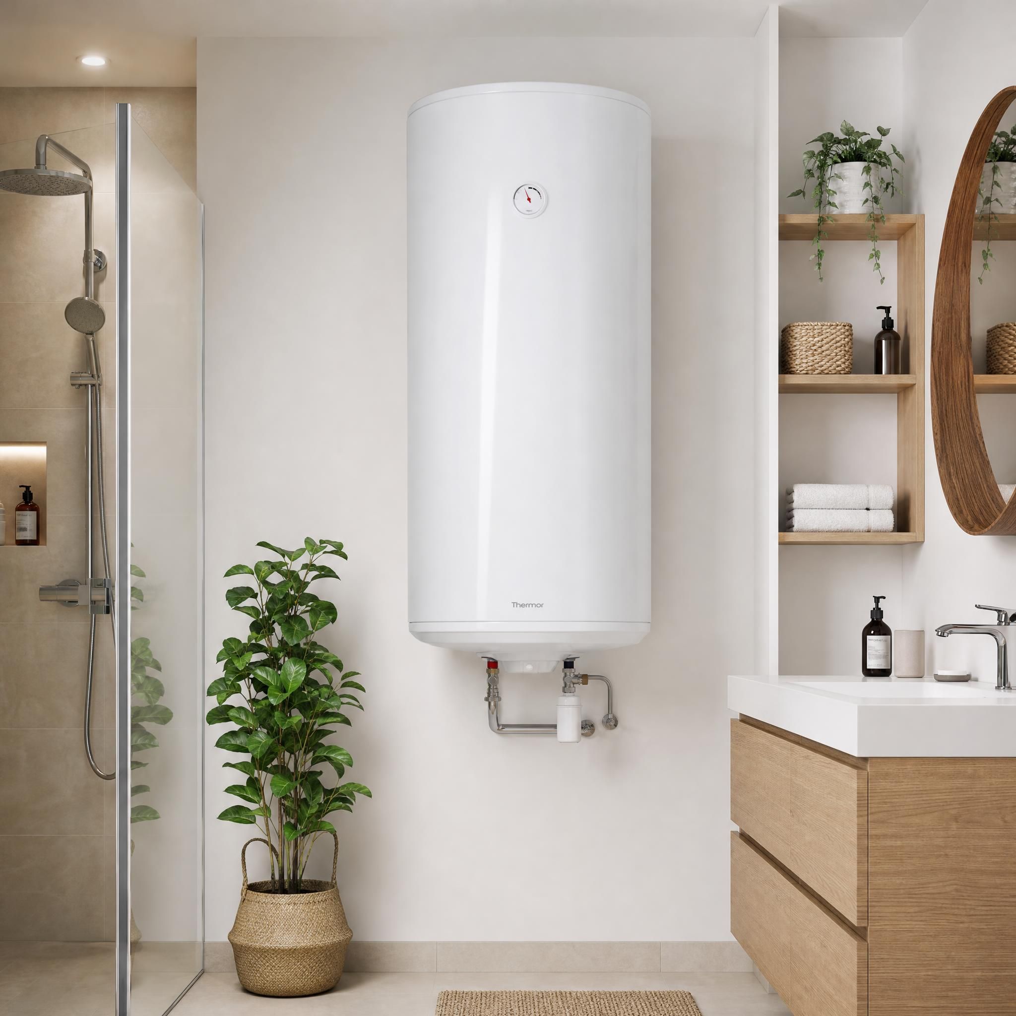 Chauffe-eau électrique à accumulation blanc installé dans une salle de bain, vue intérieure propre et moderne