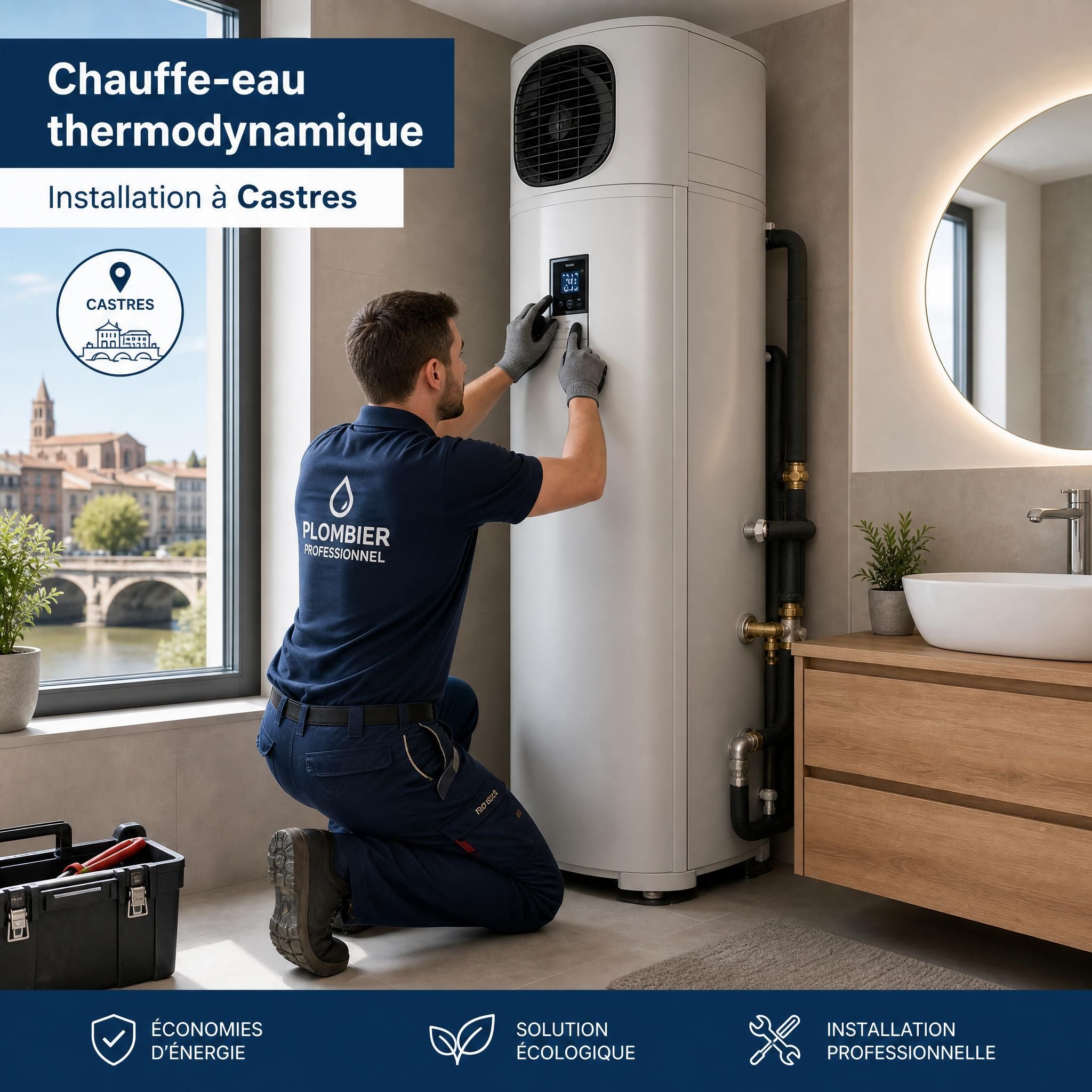 Plombier professionnel installant un chauffe-eau thermodynamique dans une salle de bain moderne à Castres