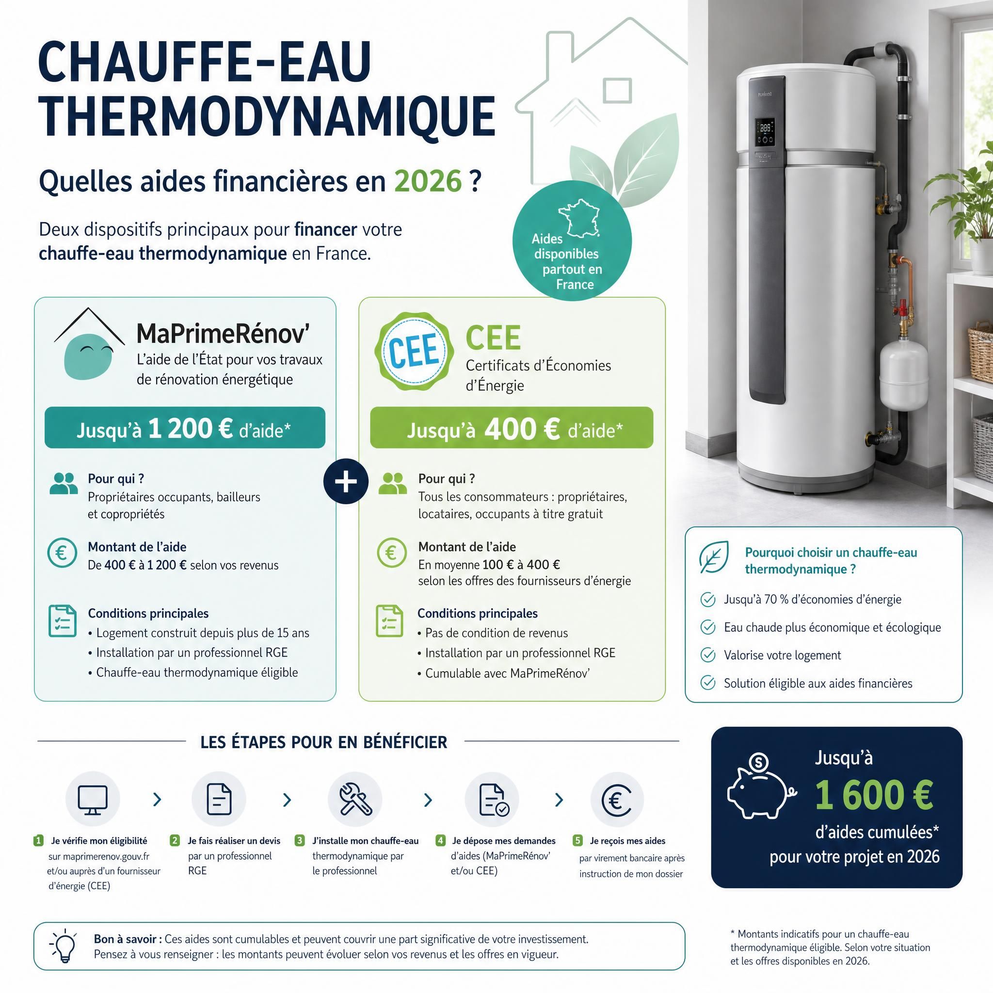 Infographie illustrant les aides financières MaPrimeRénov et CEE pour l'installation d'un chauffe-eau thermodynamique en France 2026
