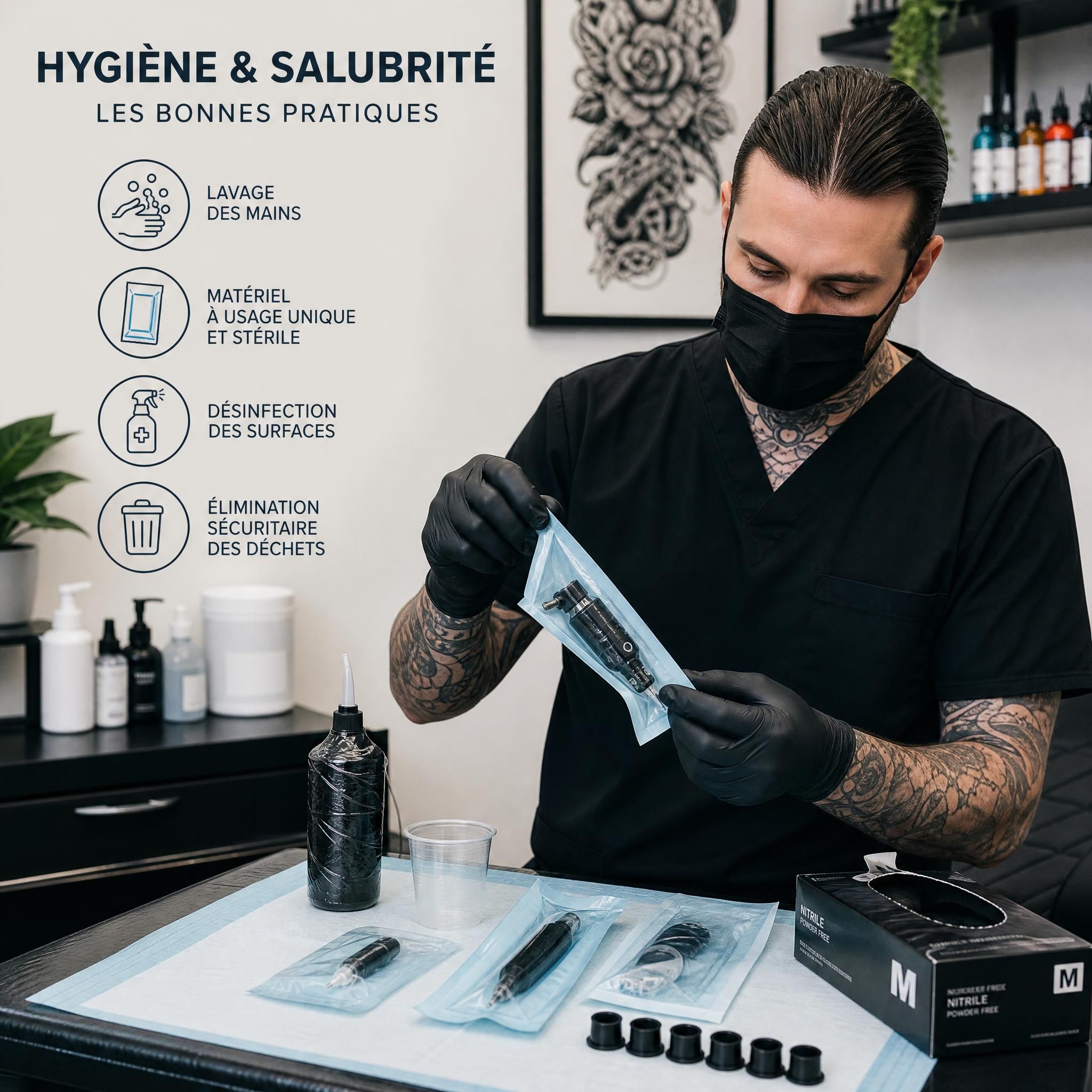 Professionnel du tatouage en tenue stérile préparant son matériel selon les normes d'hygiène et salubrité en vigueur