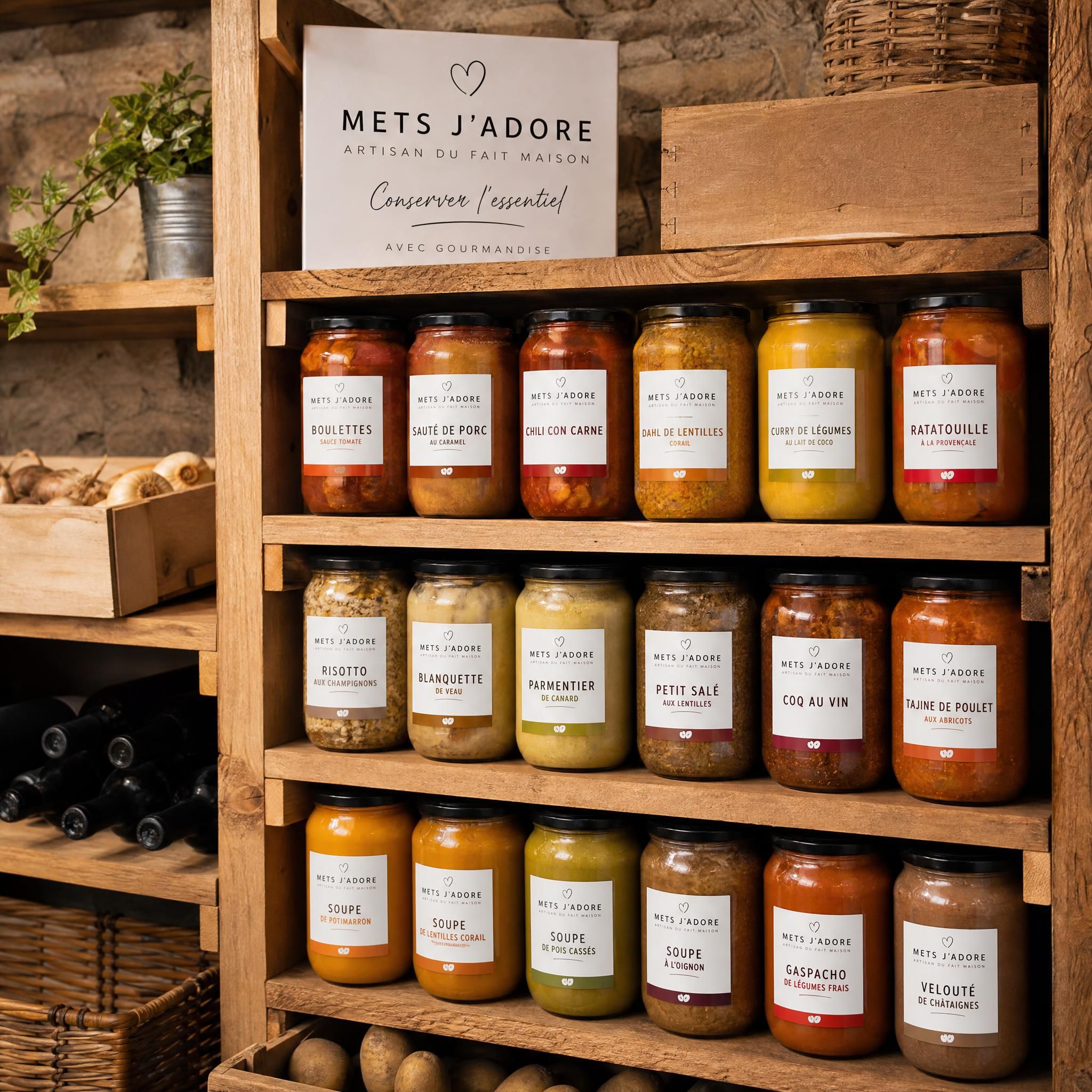 Rangement de bocaux Mets J'adore dans une cave ou cellier, étiquettes visibles, ambiance artisanale et soignée