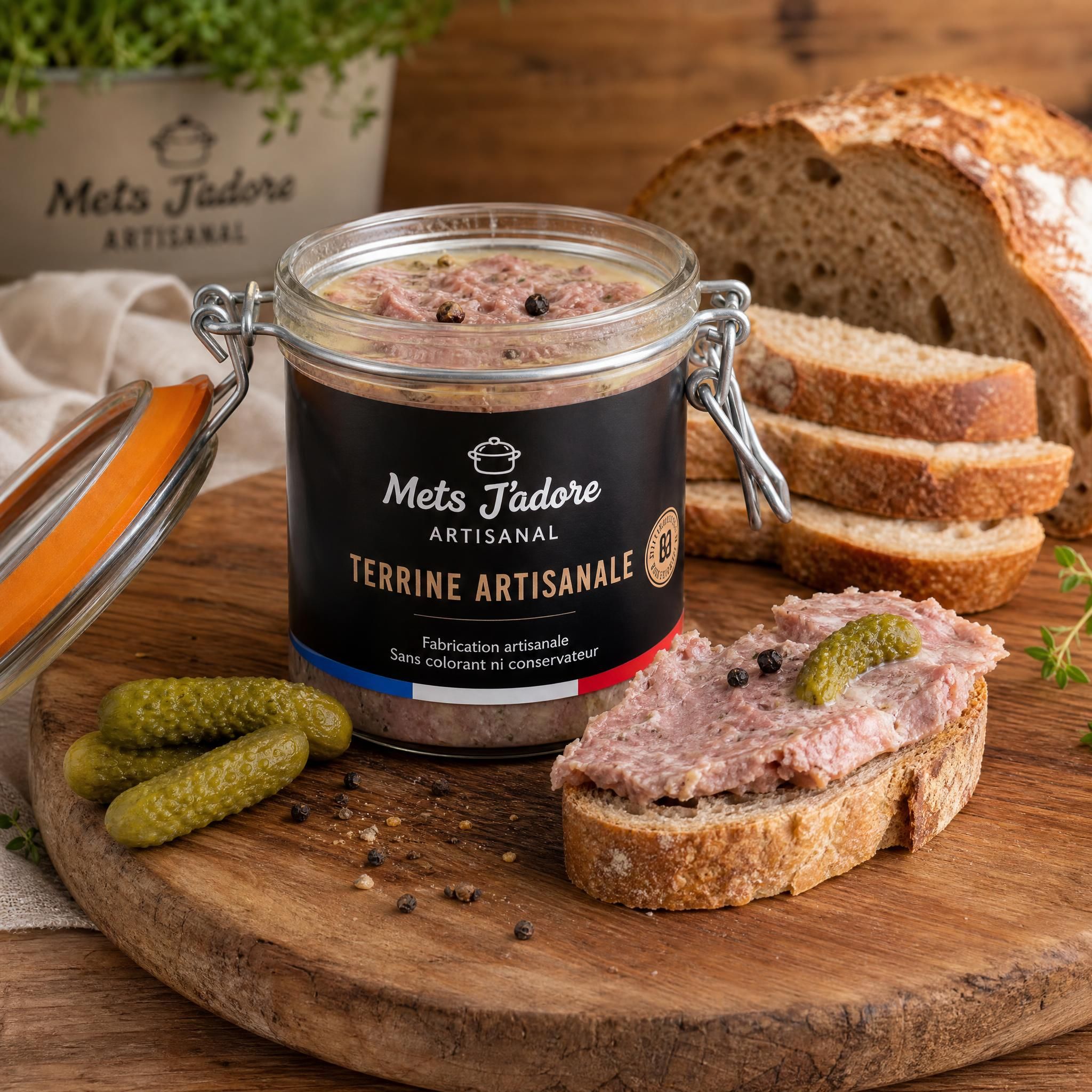 Terrine artisanale Mets J'adore ouverte sur une planche en bois avec du pain de campagne et cornichons, ambiance terroir