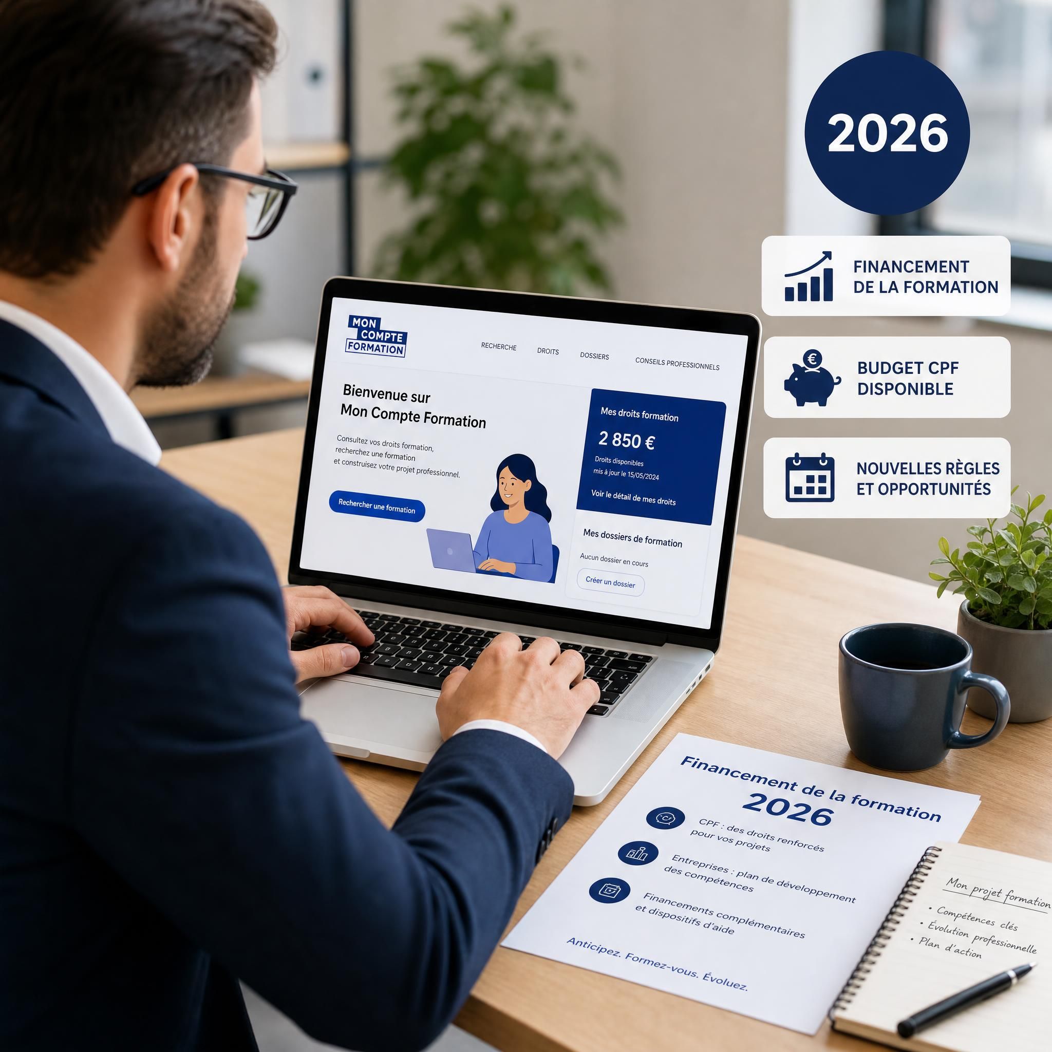Professionnel consultant son Compte Personnel de Formation sur ordinateur portable avec documents de financement de formation 2026