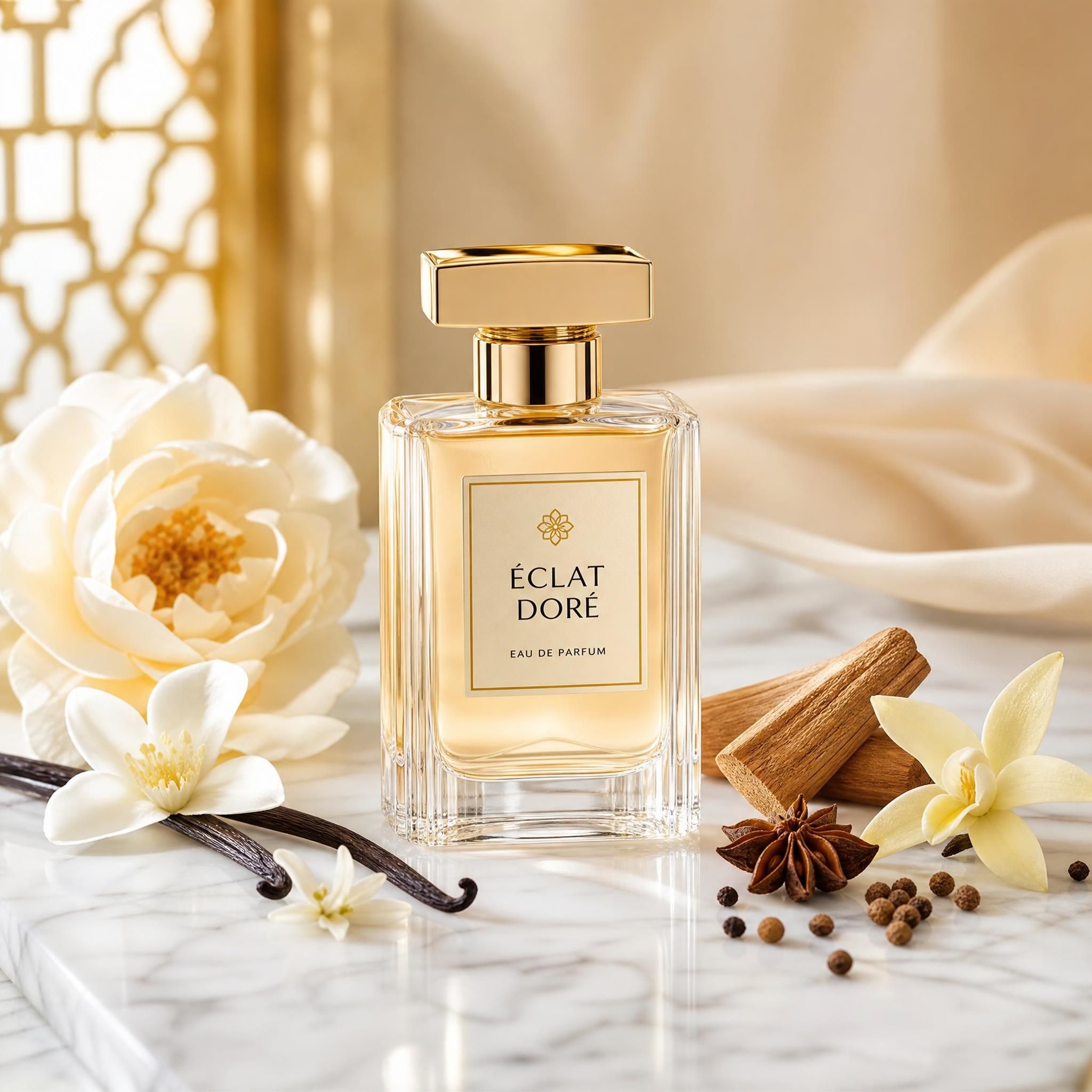Flacon de parfum élégant posé sur une surface en marbre blanc avec des fleurs, épices et bois disposés autour, ambiance premium accessible, tons crème, doré et beige vanille