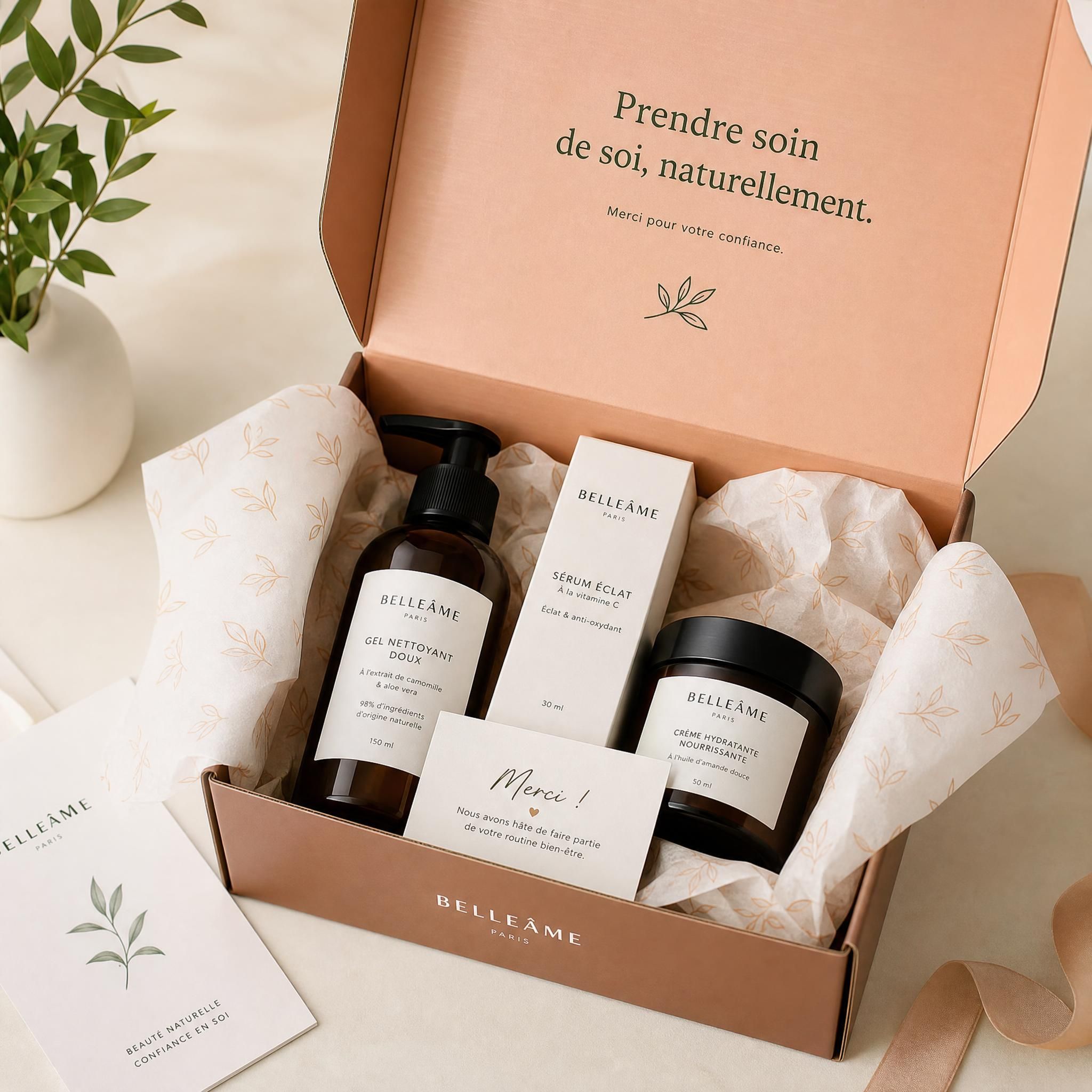 Expérience unboxing packaging personnalisé startup e-commerce - boîte premium ouverte avec papier de soie et produits cosmétiques