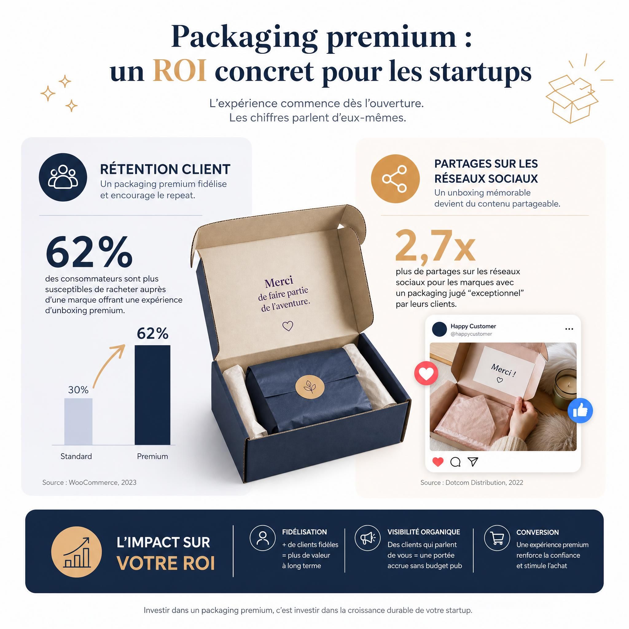 ROI packaging premium startups - infographie statistiques rétention client et partages réseaux sociaux unboxing