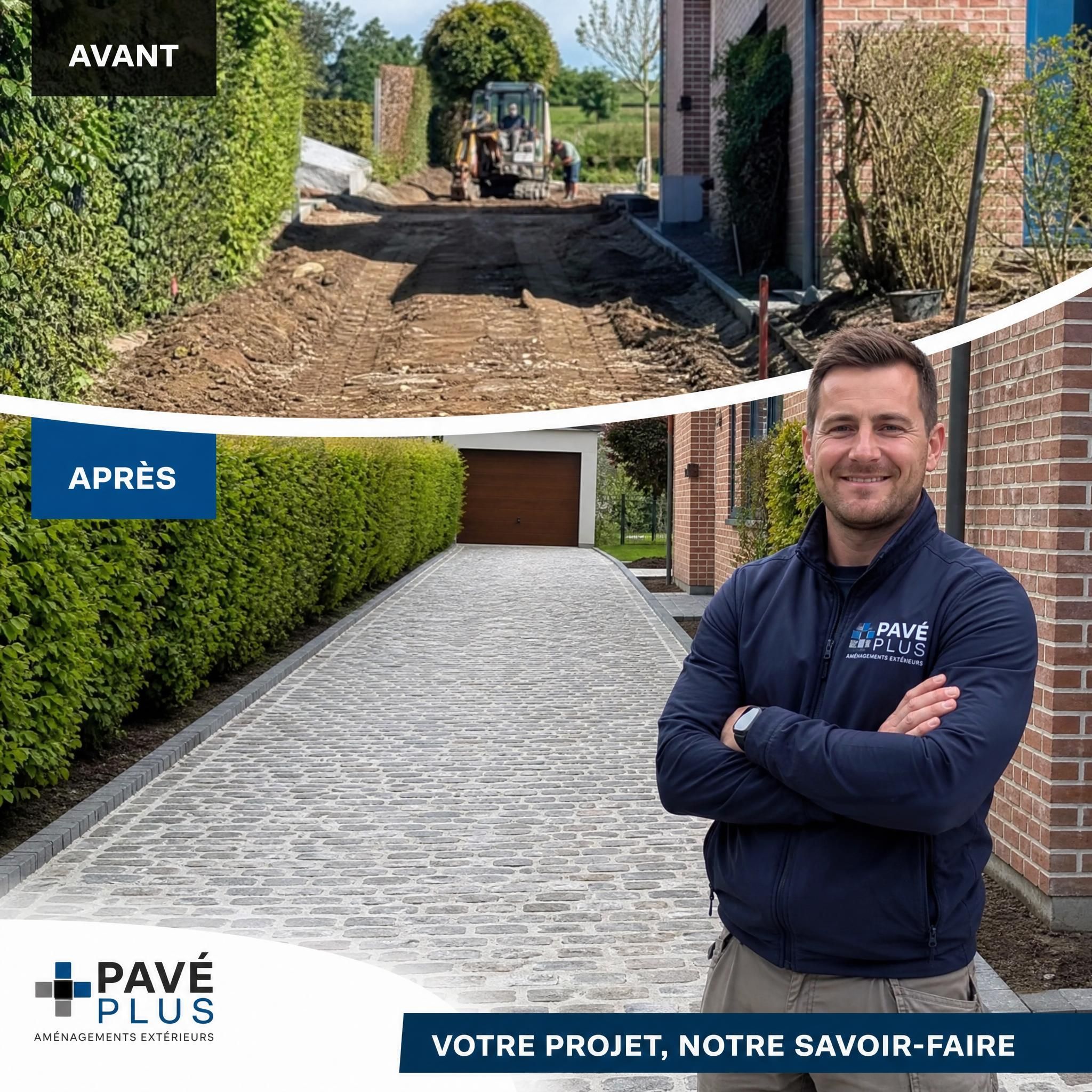 Entrepreneur belge devant un chantier de voirie terminé — allée en pavés avant/après, photo authentique de terrain