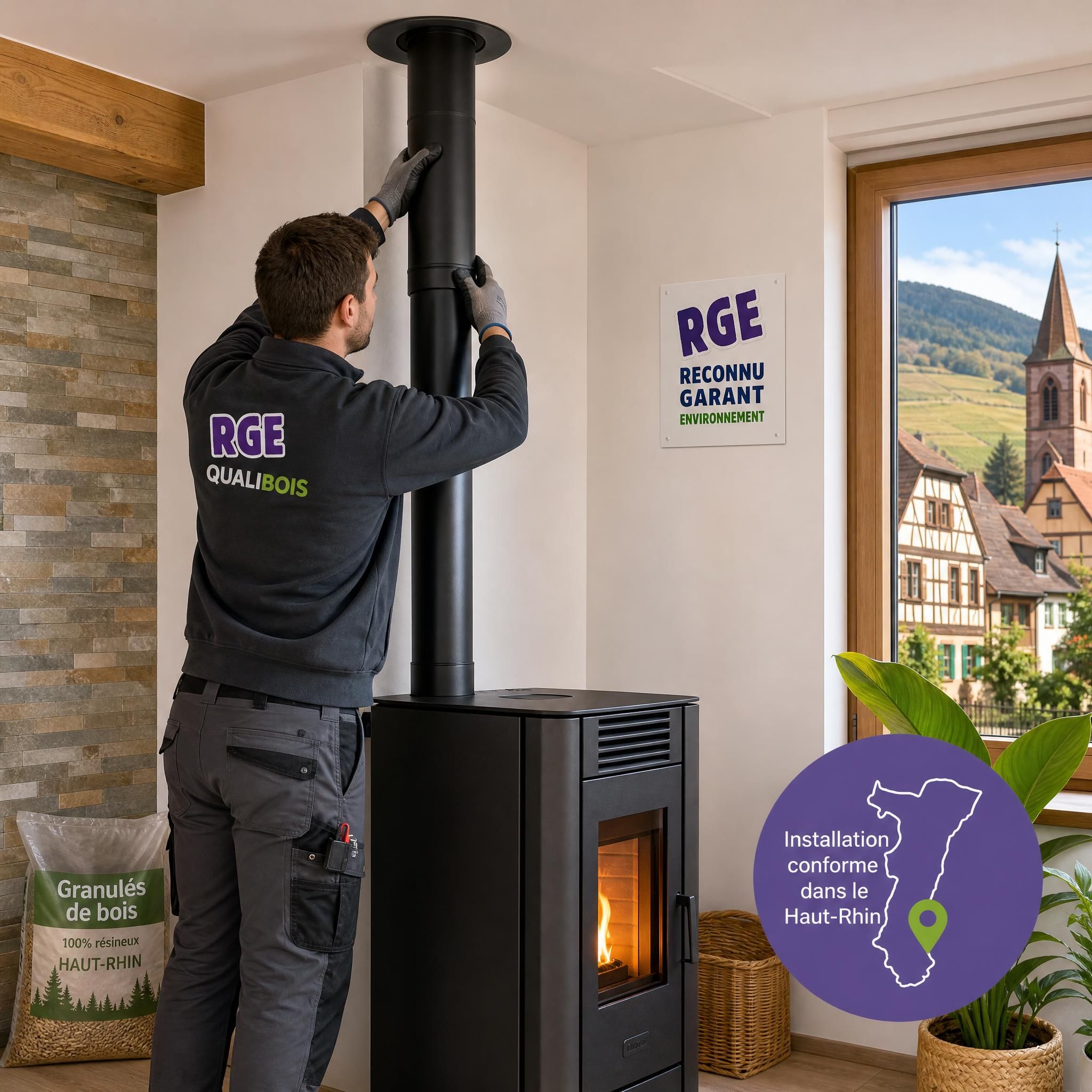 Technicien RGE en train d'installer un conduit de fumée pour poêle à granulés dans une maison du Haut-Rhin