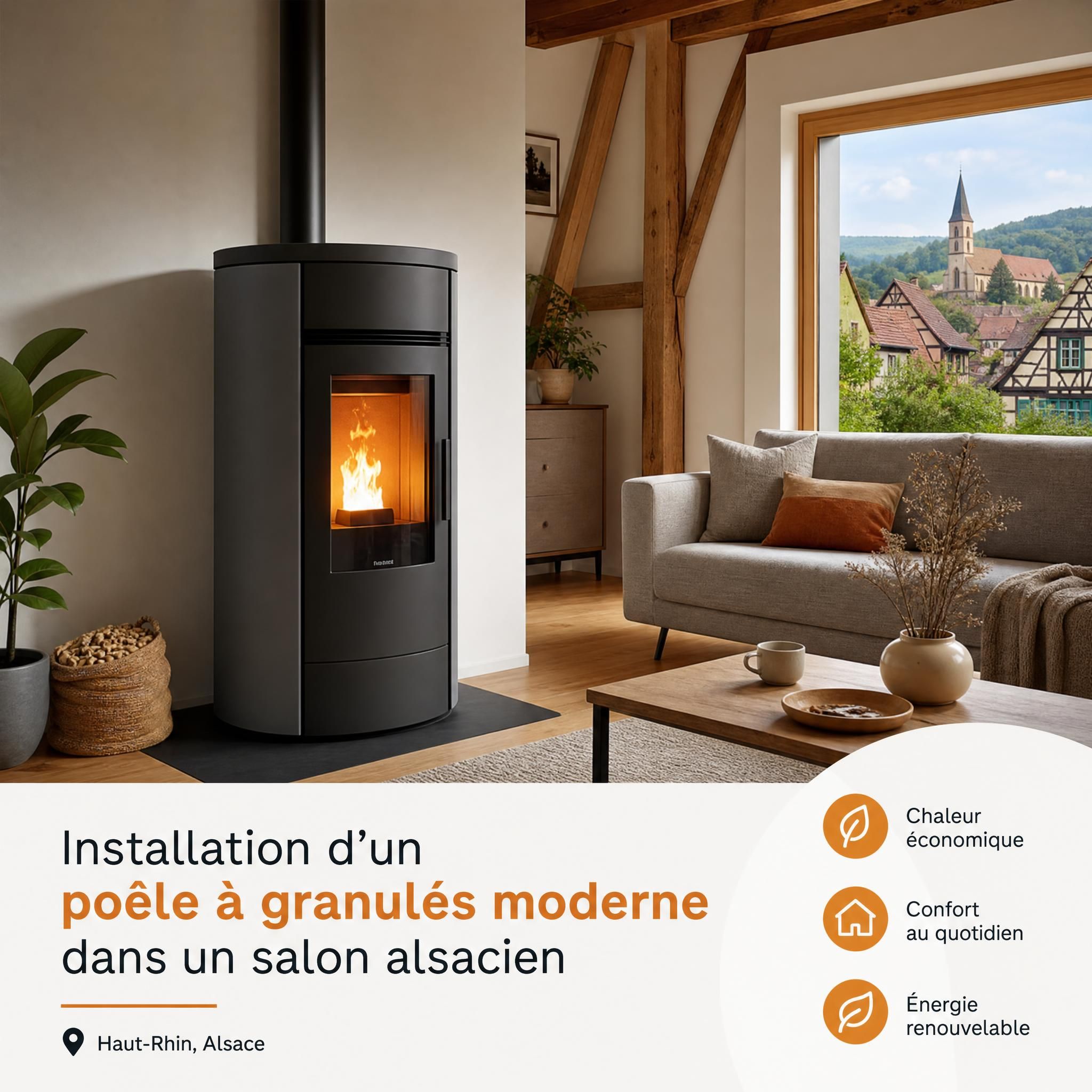 Installation d'un poêle à granulés moderne dans un salon alsacien, Haut-Rhin