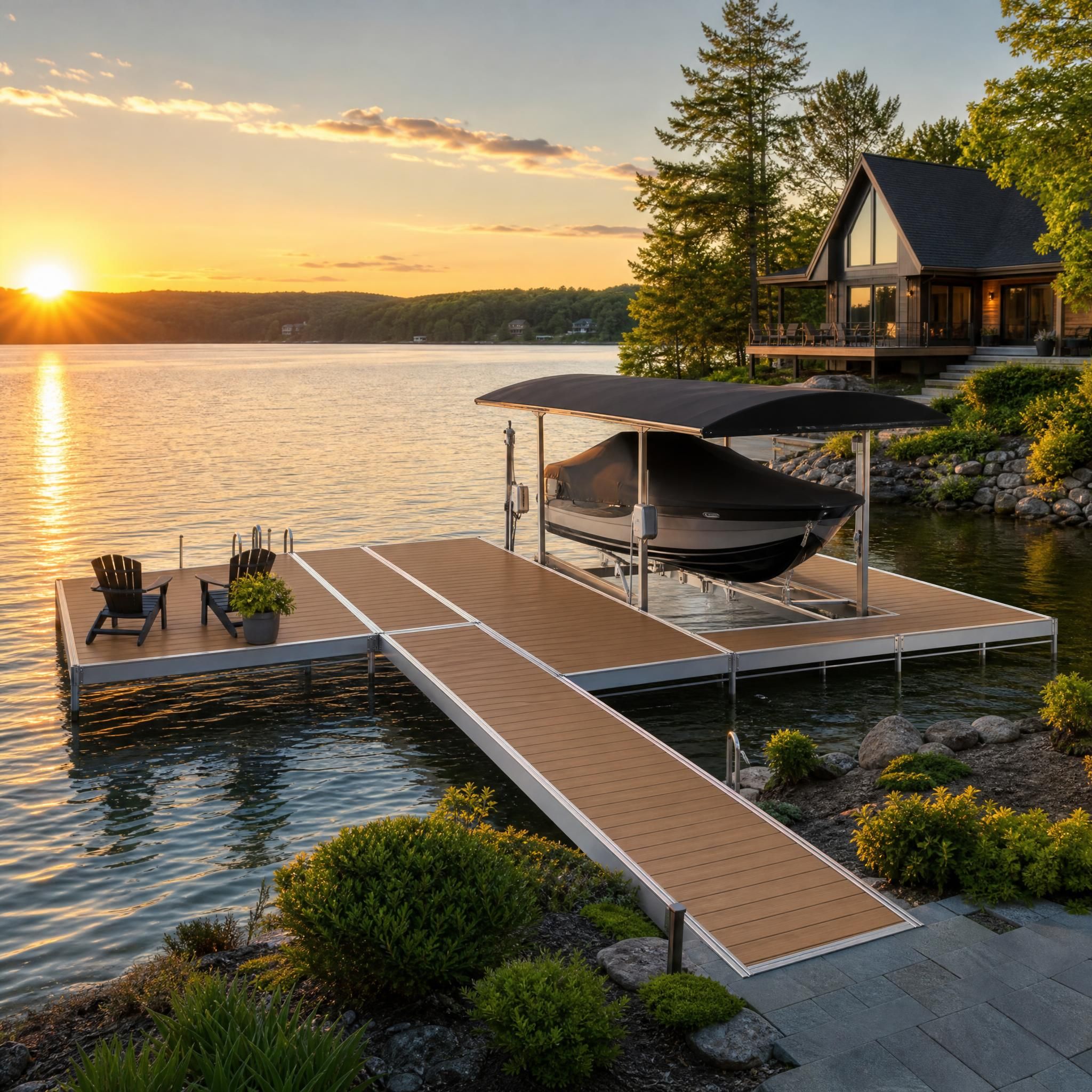 Propriété riveraine avec un quai en aluminium moderne au coucher du soleil sur un lac québécois, finition cèdre artificiel, élévateur à bateau visible