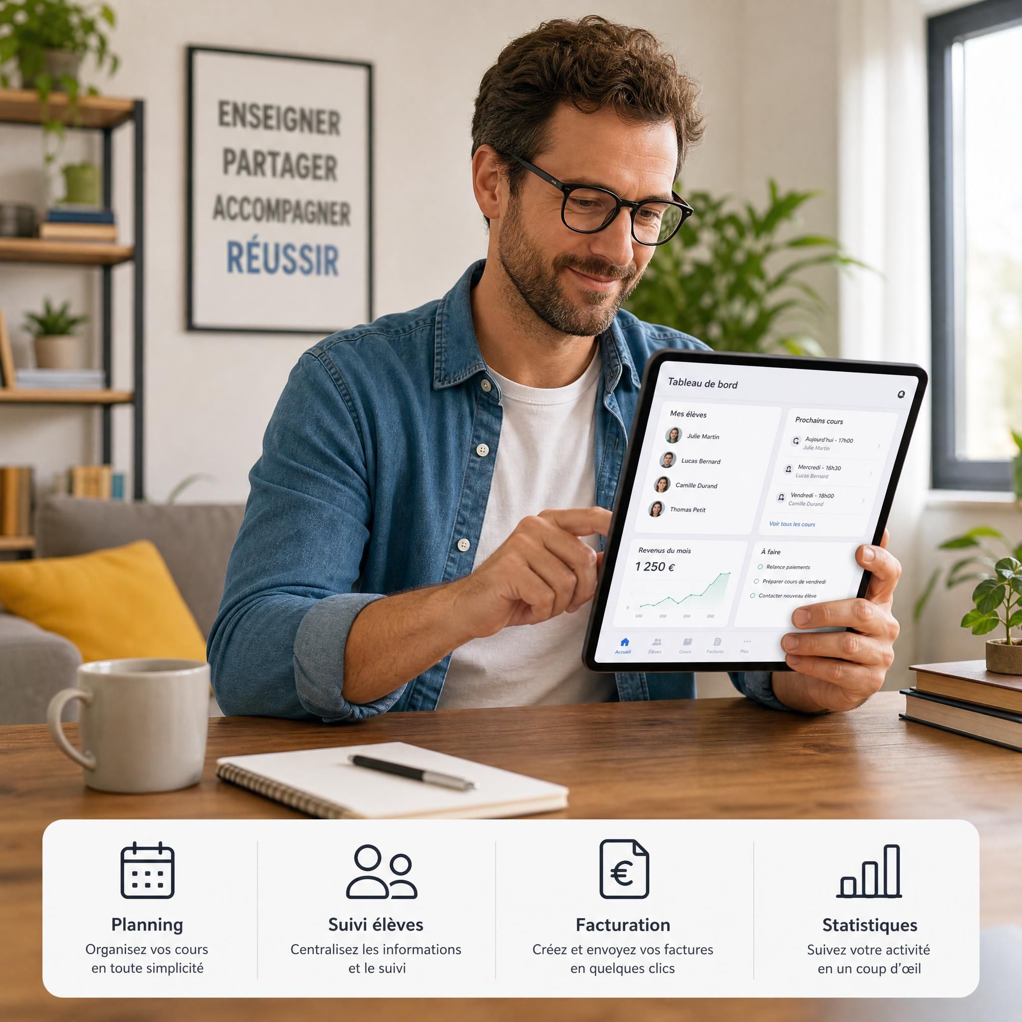 Professeur particulier indépendant utilisant une application de gestion administrative sur tablette, ambiance moderne et décontractée