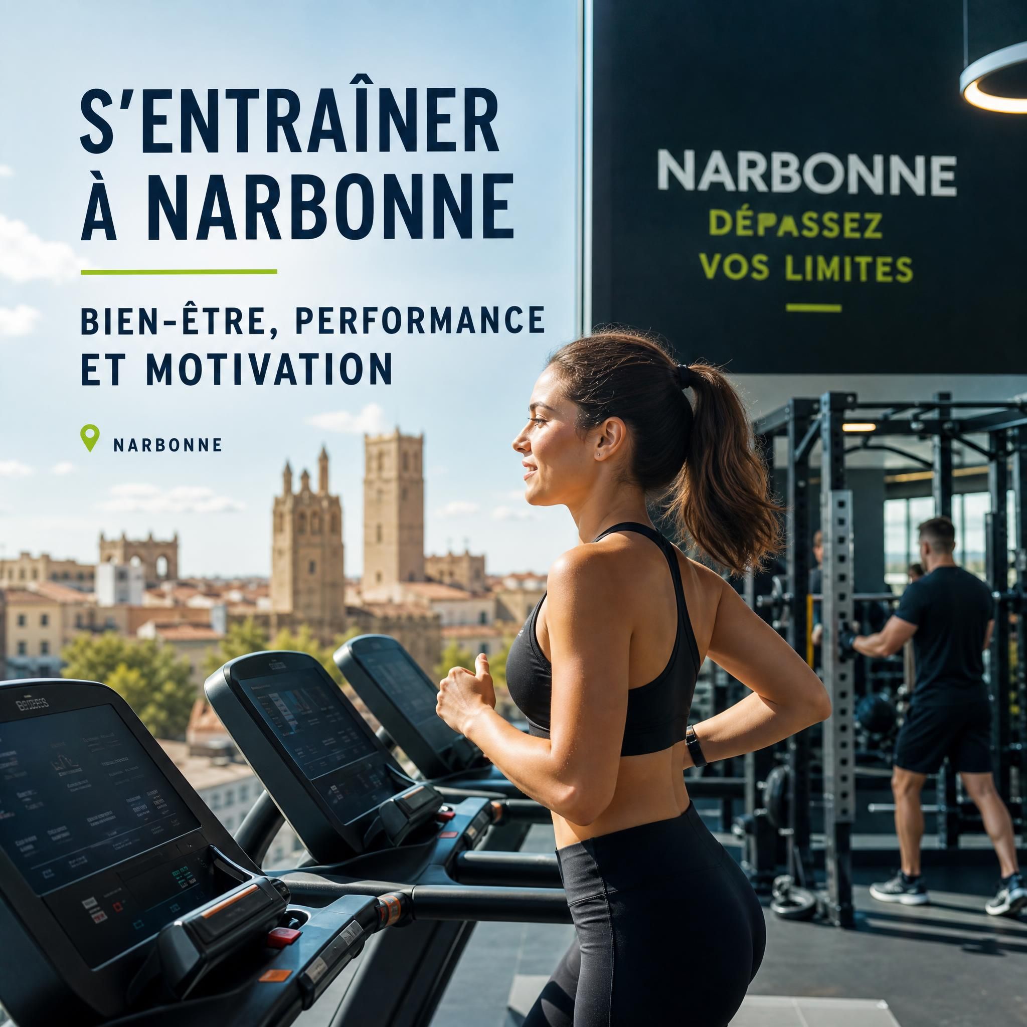 Personne motivée s'entraînant dans une salle de sport moderne à Narbonne, équipements fitness, ambiance dynamique et inspirante