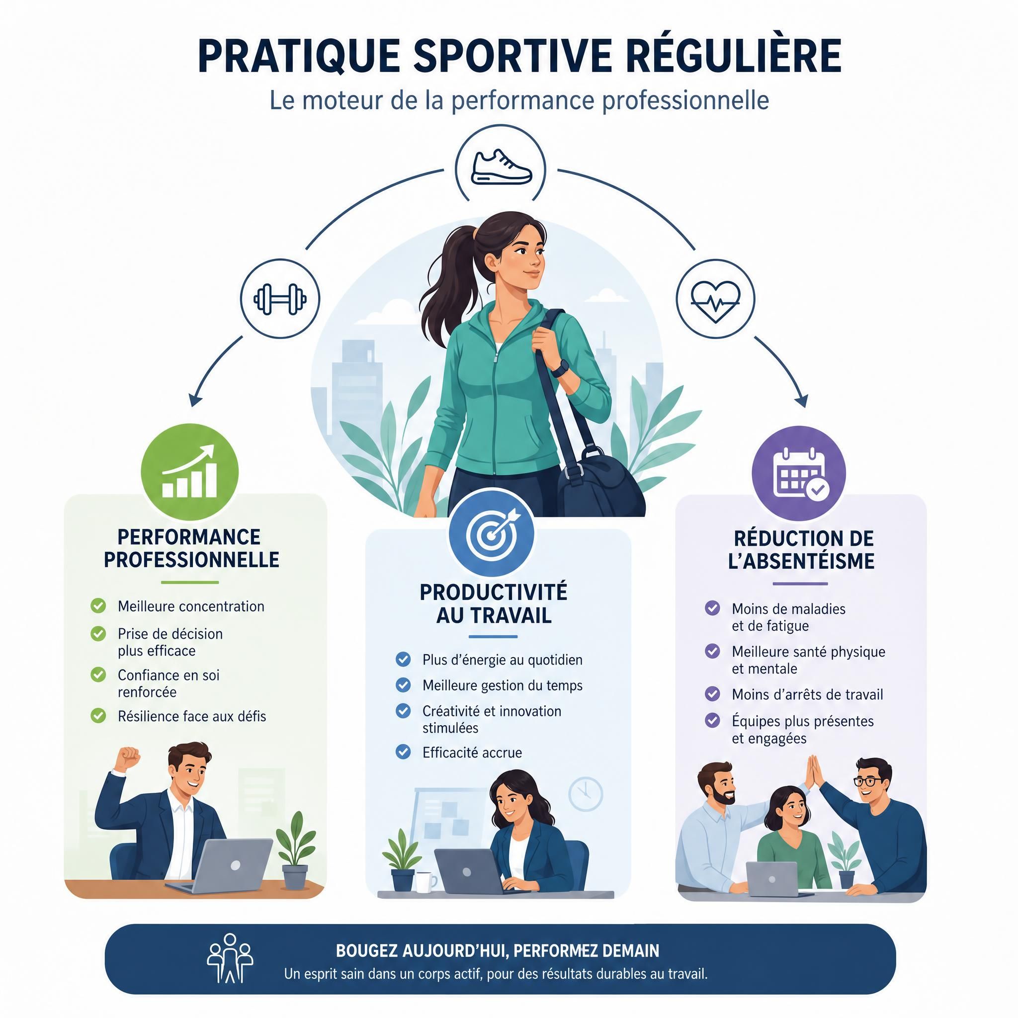 Graphique illustrant le lien entre pratique sportive régulière et performance professionnelle, productivité au travail et réduction de l'absentéisme