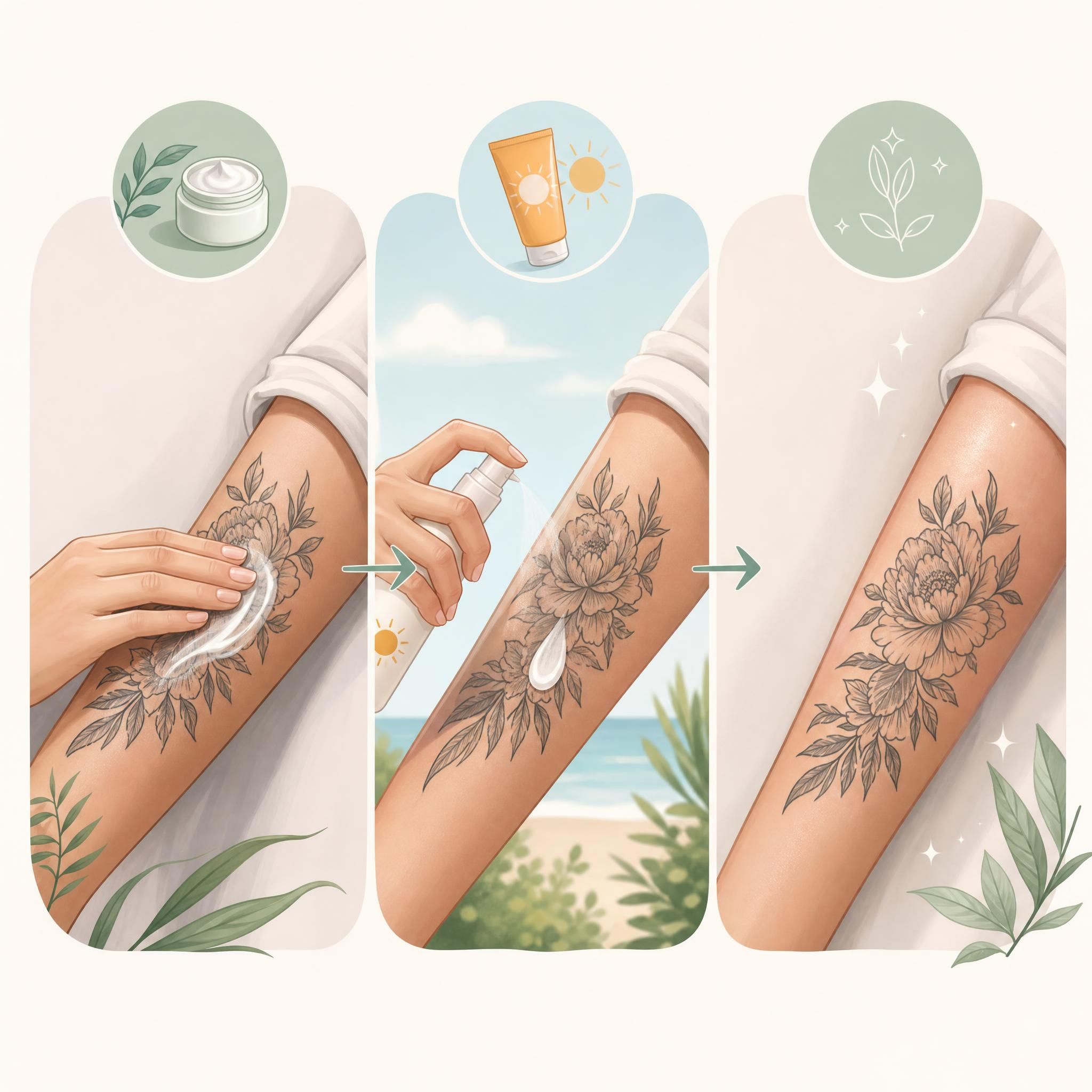 Illustration douce et apaisante montrant les étapes de soin d'un tatouage — crème hydratante, protection solaire, peau saine — style illustratif pastel sans texte