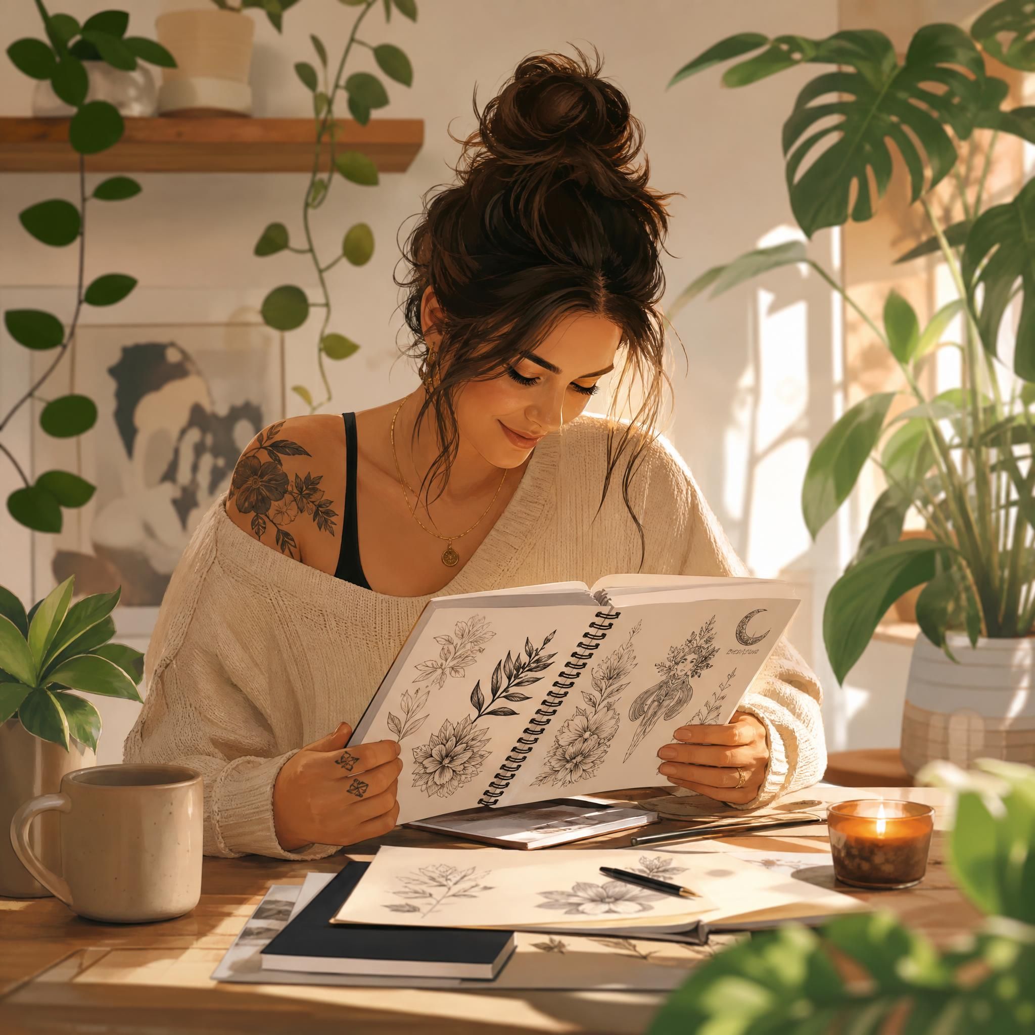 Illustration bienveillante et chaleureuse d'une femme regardant des références de tatouage sur un carnet, entourée de plantes et de lumière douce, style illustratif sans texte