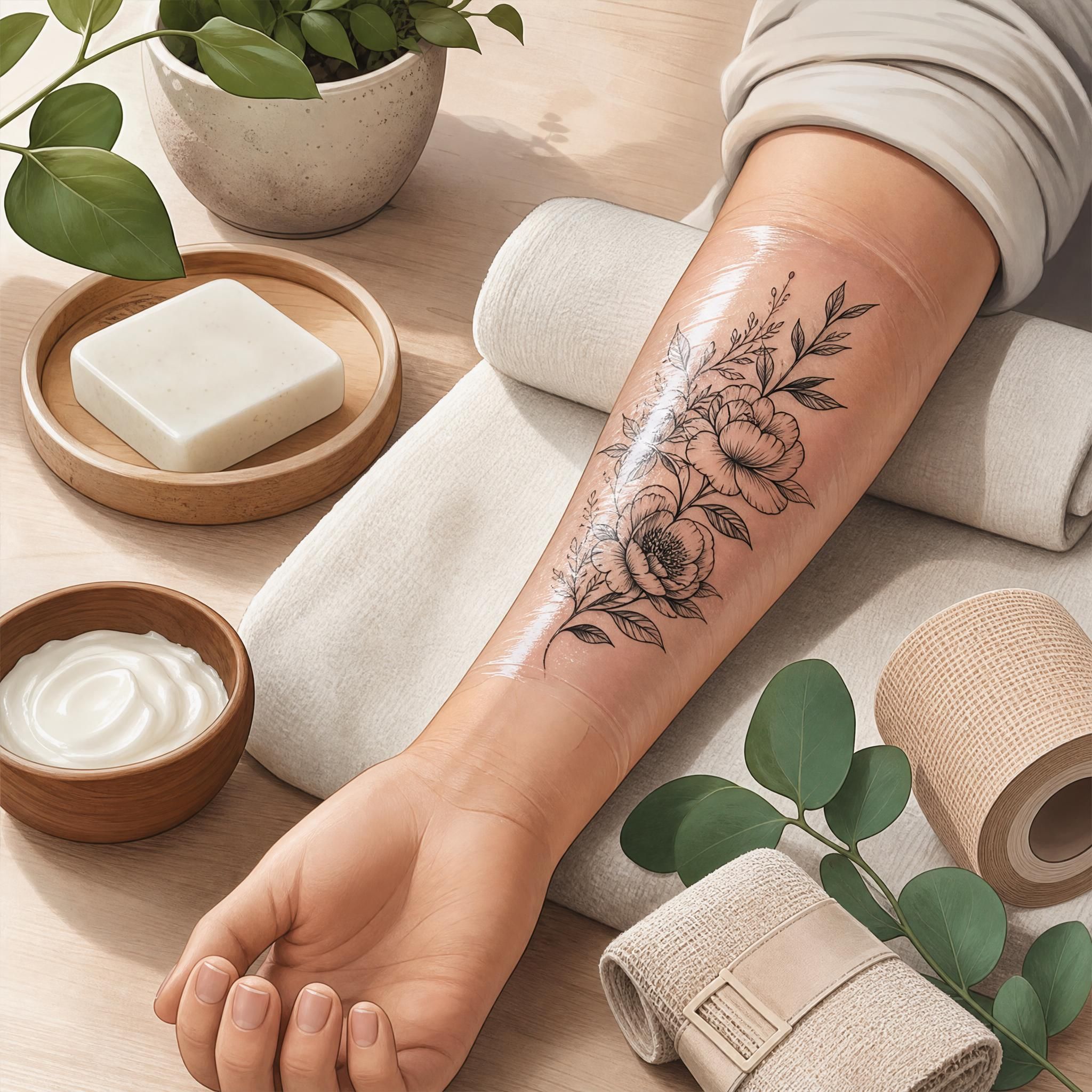 Illustration apaisante d'un tatouage frais sur un avant-bras, entouré de produits de soin naturels — crème, savon doux, bandage — ambiance propre et rassurante, style illustratif sans texte