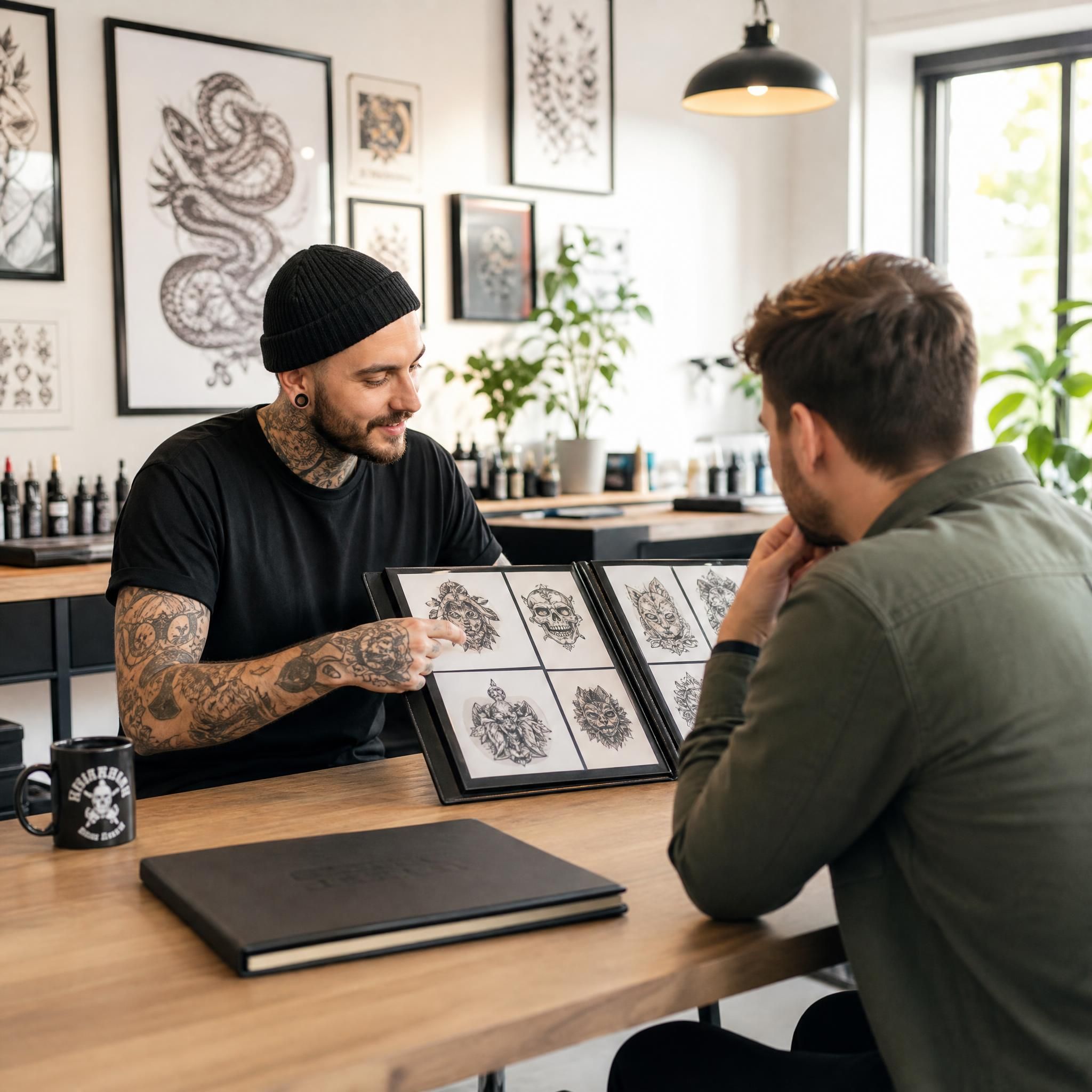 Illustration d'un tatoueur montrant son portfolio à un client dans un studio moderne et lumineux, ambiance artistique et décontractée