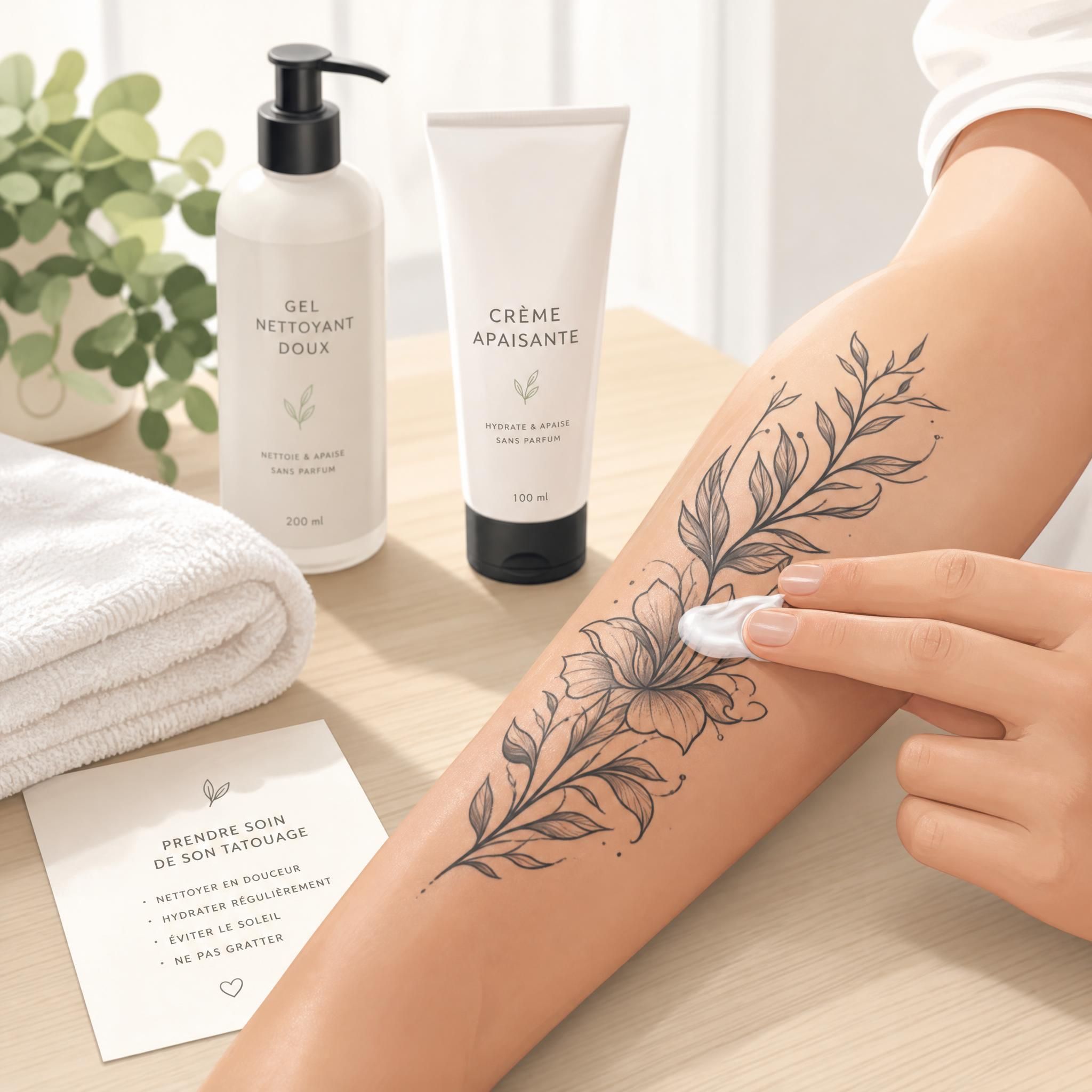 Illustration douce d'une main appliquant une crème apaisante sur un tatouage récent, avec des flacons de soin et une serviette propre en arrière-plan