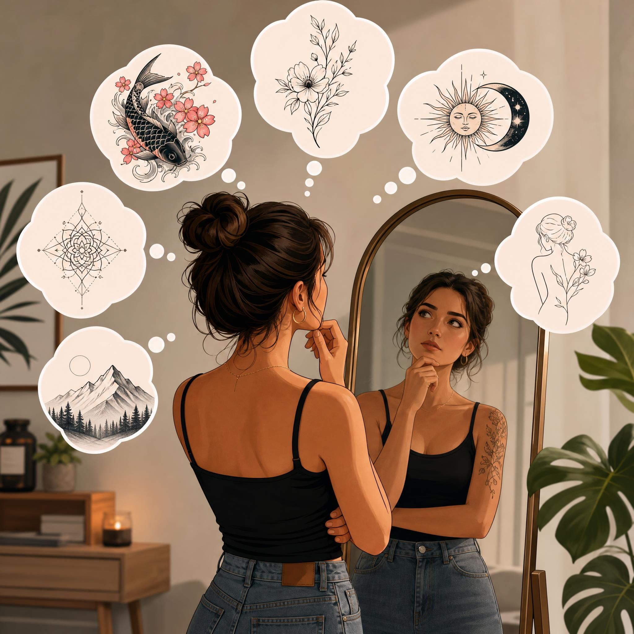 Illustration illustrative d'une personne réfléchissant devant un miroir avec différents styles de tatouage projetés autour d'elle comme des bulles de pensée
