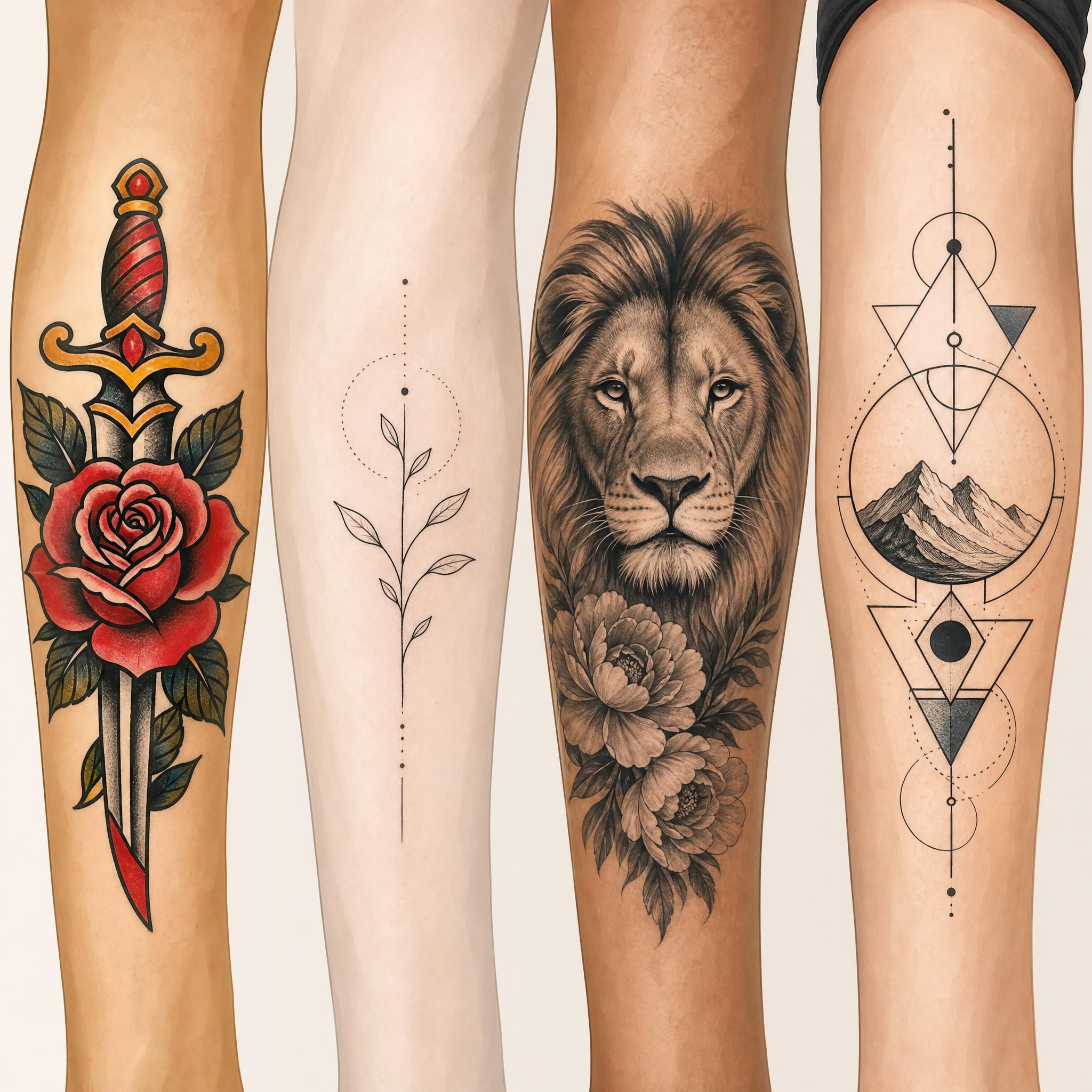 Illustration graphique et colorée montrant différents styles de tatouage côte à côte — traditionnel, minimaliste, réaliste, géométrique — sur fond neutre, style illustratif sans texte