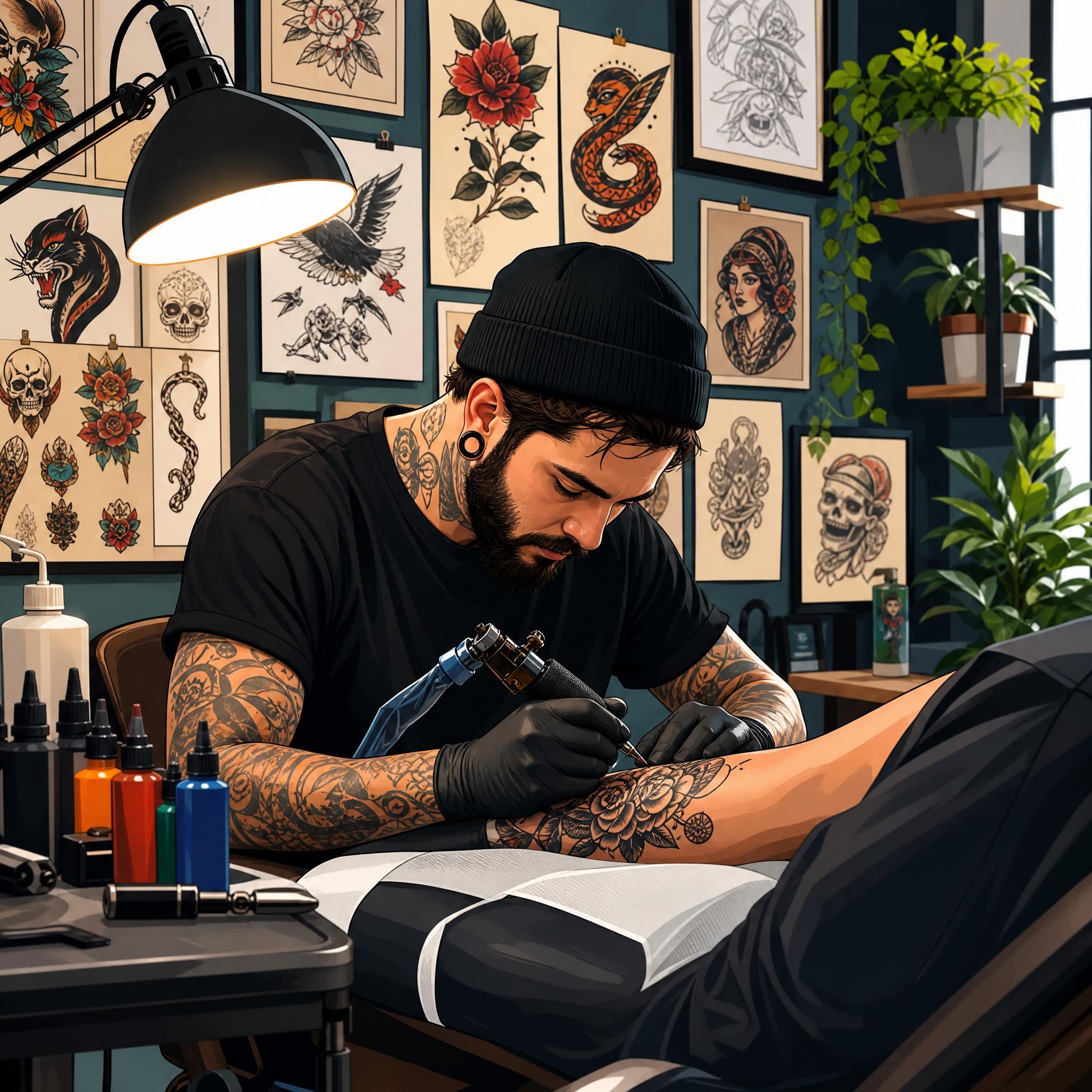Illustration colorée et illustrative d'un tatoueur au travail dans un studio moderne, entouré de flashs et de références artistiques, style graphique sans texte