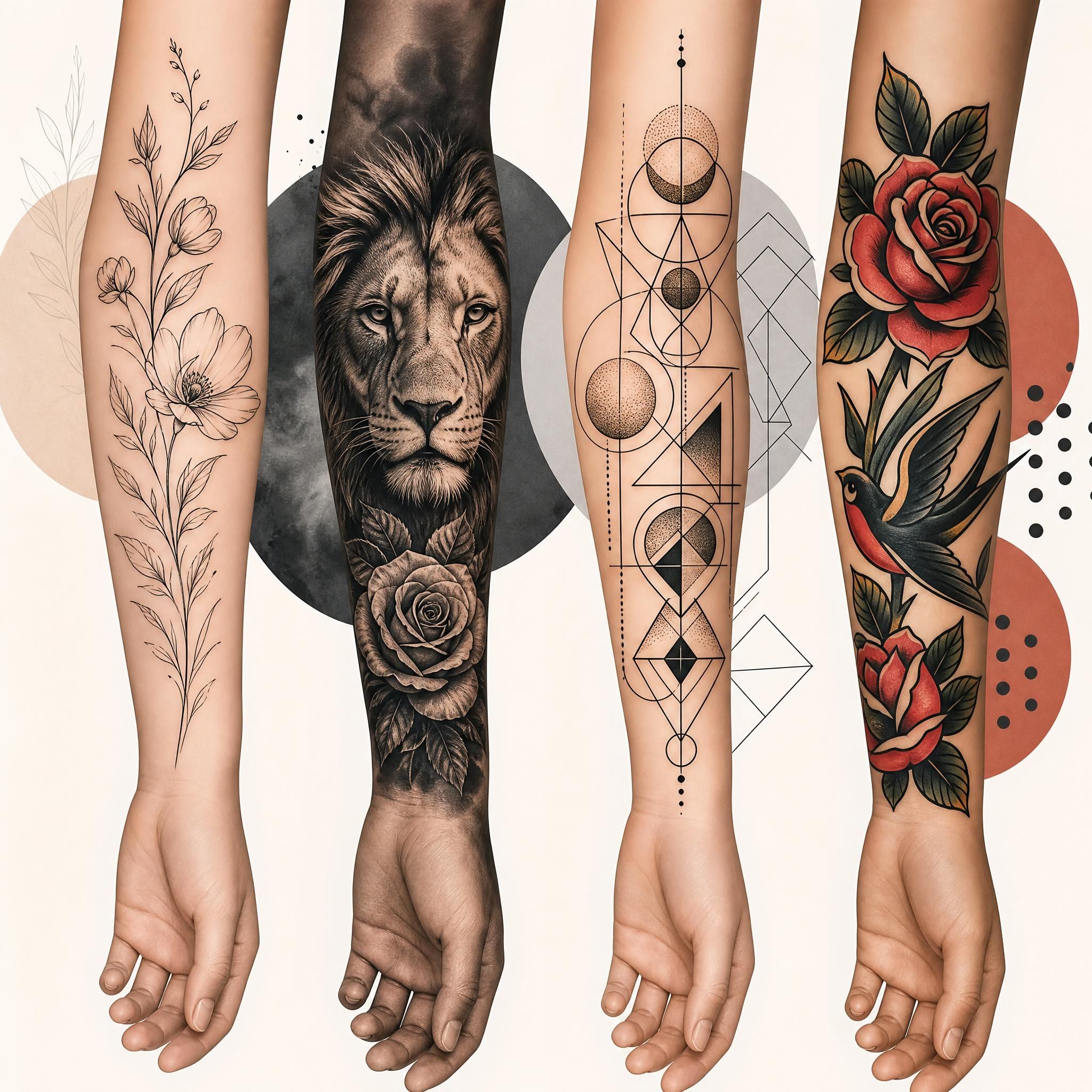 Illustration graphique présentant différents styles de tatouage côte à côte — fine line floral, réalisme, géométrique, old school — dans un style illustratif moderne sans texte