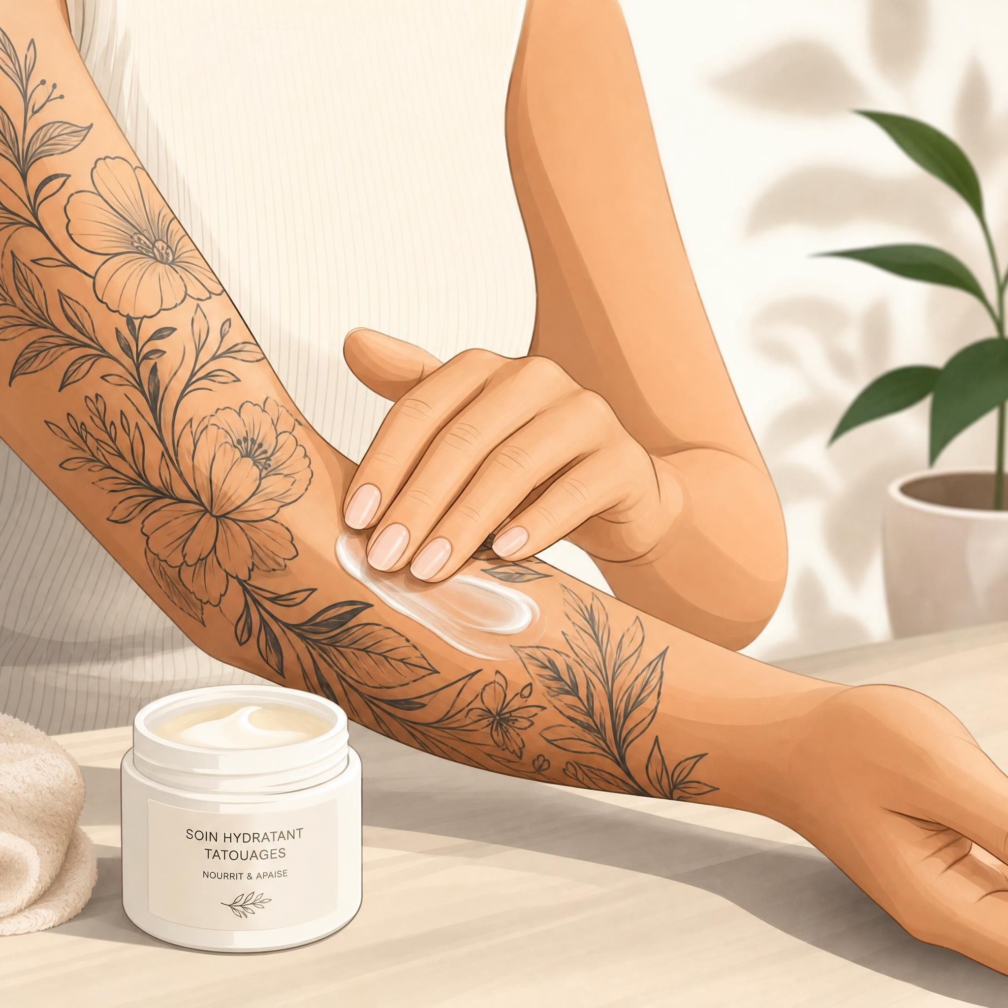 Illustration apaisante d'une main appliquant délicatement une crème sur un bras tatoué, ambiance douce et bienveillante, style illustratif