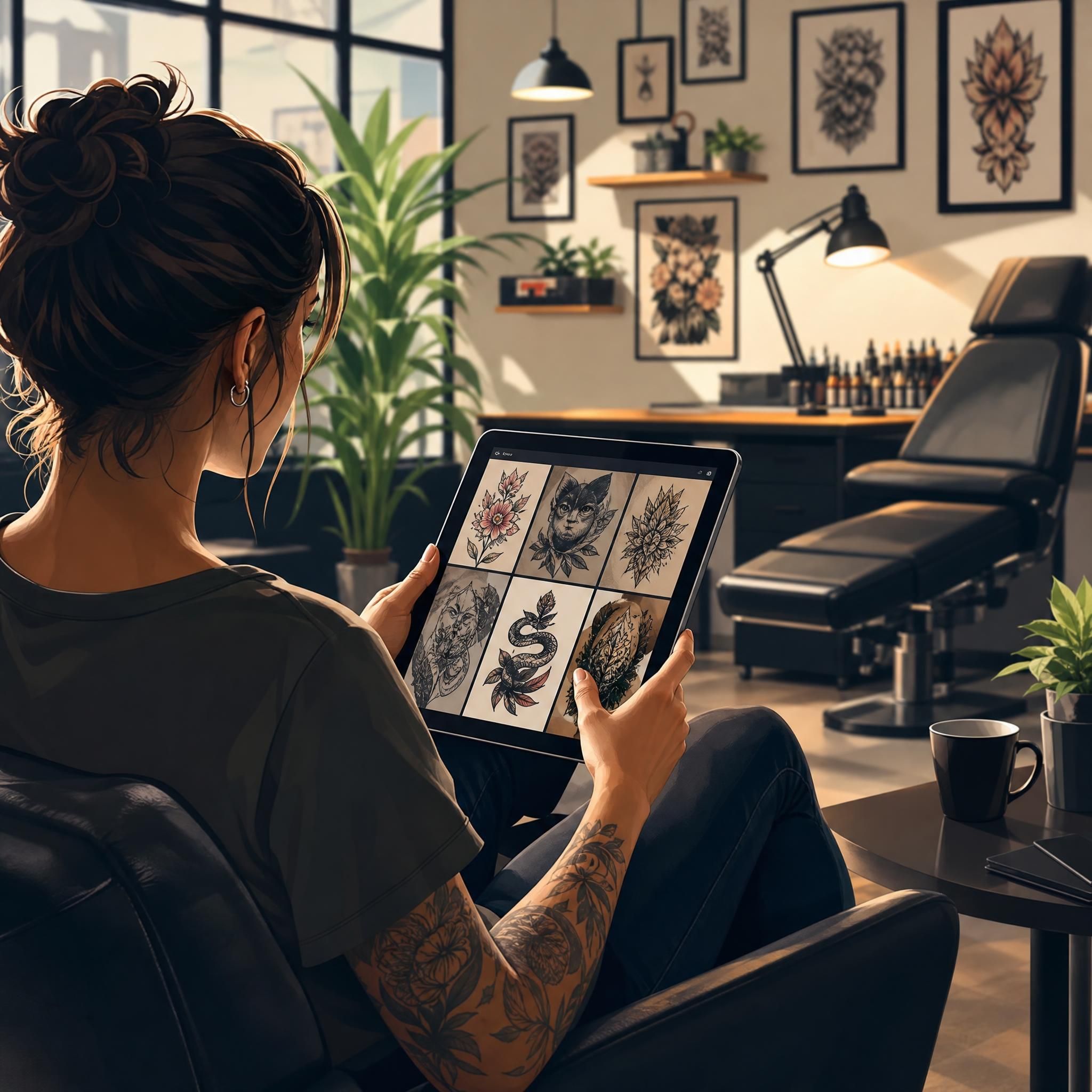 Illustration d'une personne consultant un portfolio de tatoueur sur une tablette, ambiance studio moderne et accueillante, style illustratif sans texte