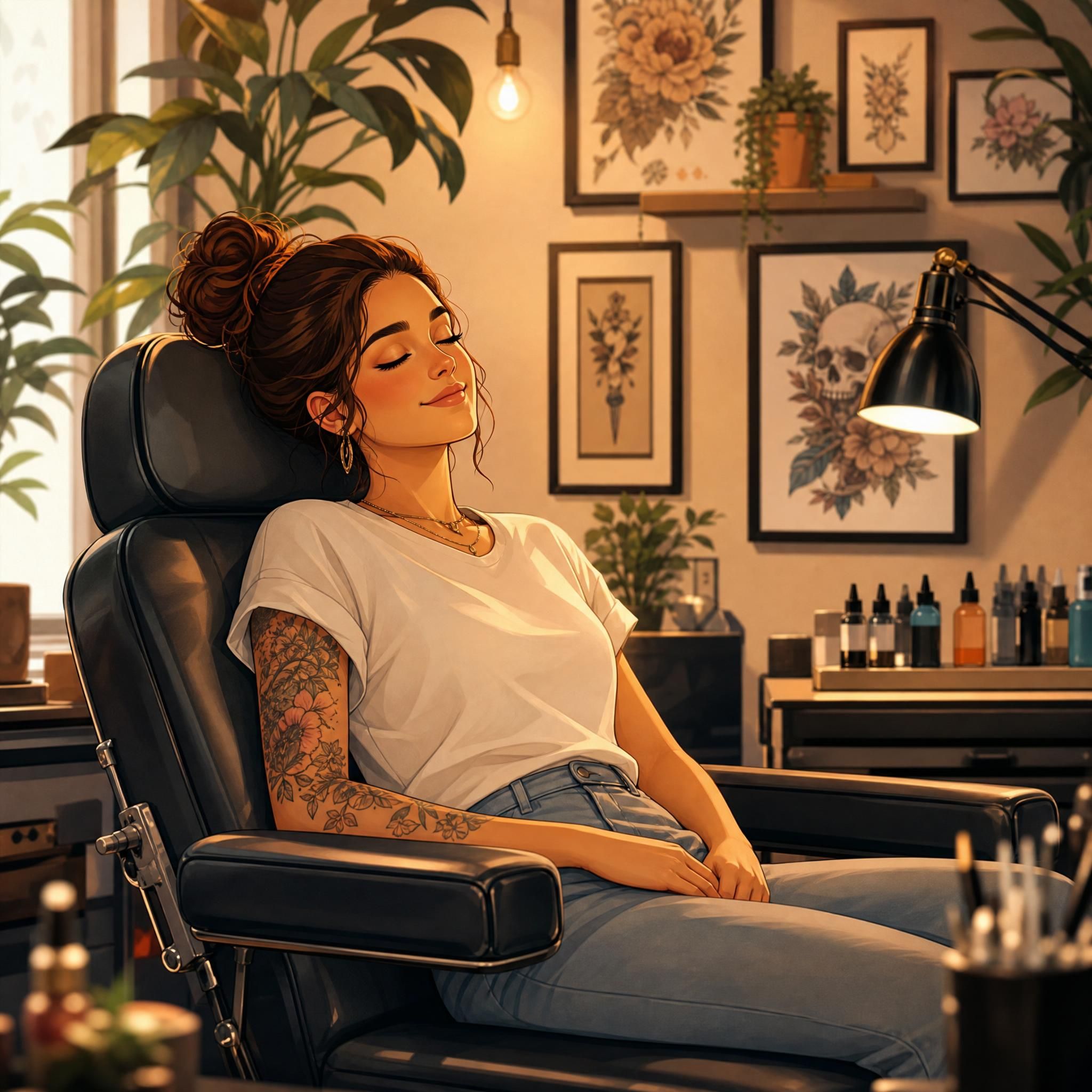 Illustration colorée et douce d'une personne sereine assise dans un fauteuil de salon de tatouage, ambiance chaleureuse et bienveillante, style illustratif sans texte