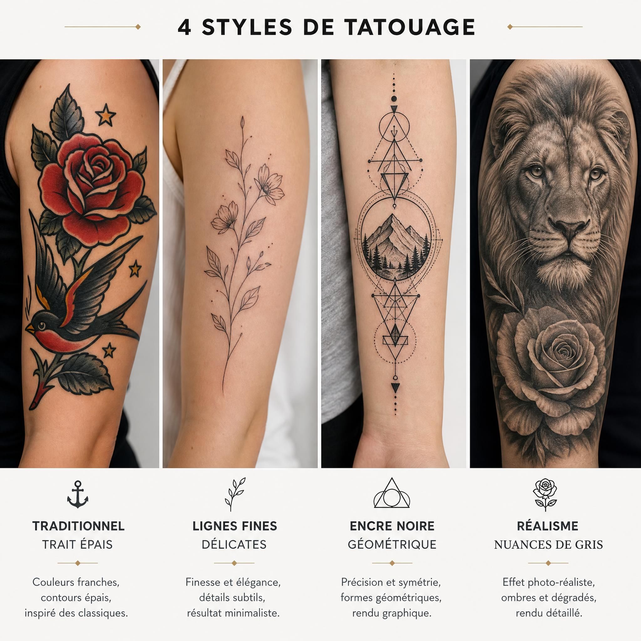 Illustration illustrative de quatre styles de tatouage côte à côte – trait épais traditionnel, lignes fines délicates, encre noire géométrique et réalisme en nuances de gris