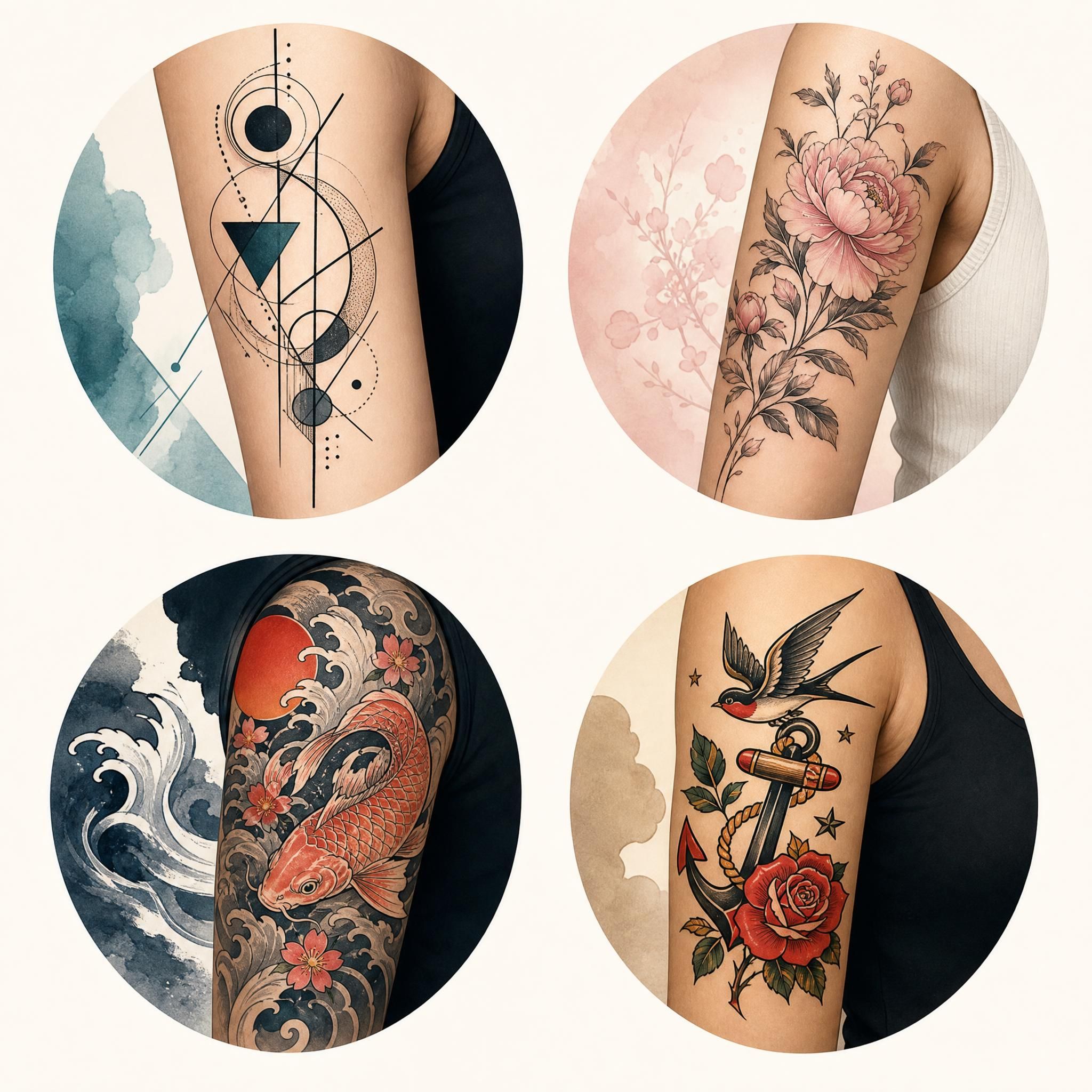 Illustration illustrative montrant une palette de styles de tatouage différents — géométrique, floral, japonais, old school — représentés sous forme de vignettes artistiques colorées, sans texte