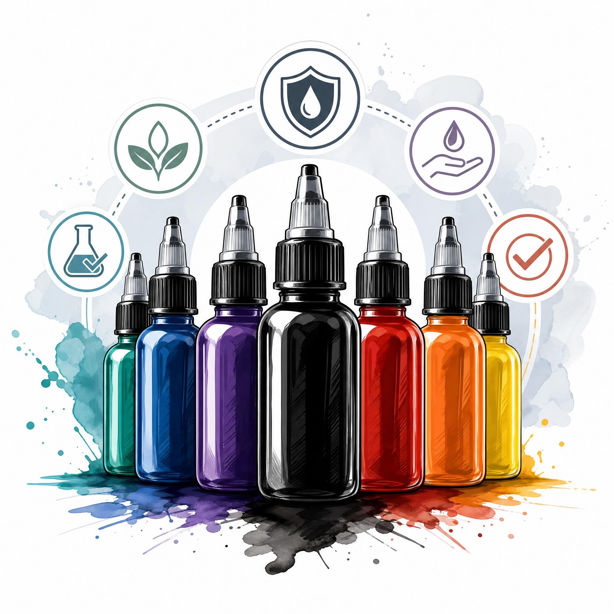 Illustration graphique de flacons d'encre de tatouage colorés avec des symboles de certification, style illustratif sans texte