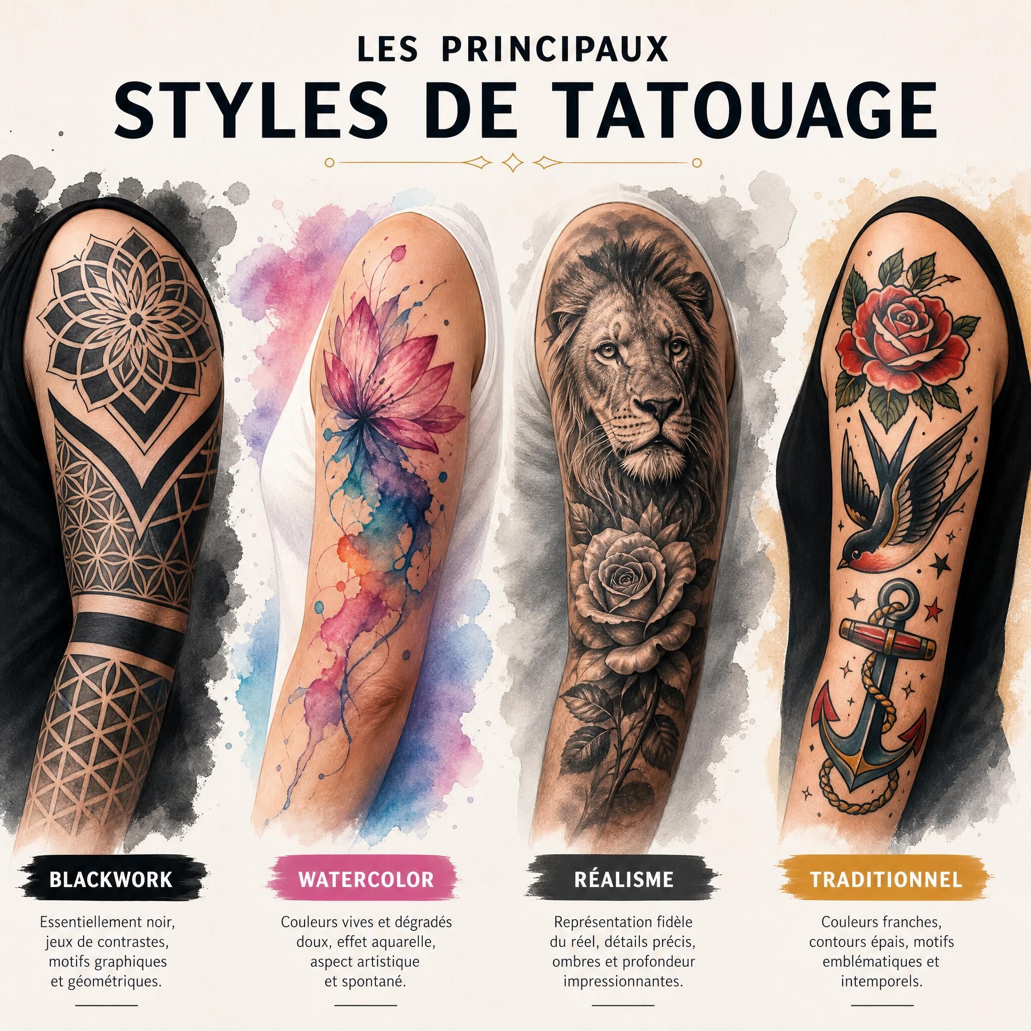 Illustration montrant différents styles de tatouage côte à côte - blackwork, watercolor, réalisme et traditionnel, style illustratif coloré