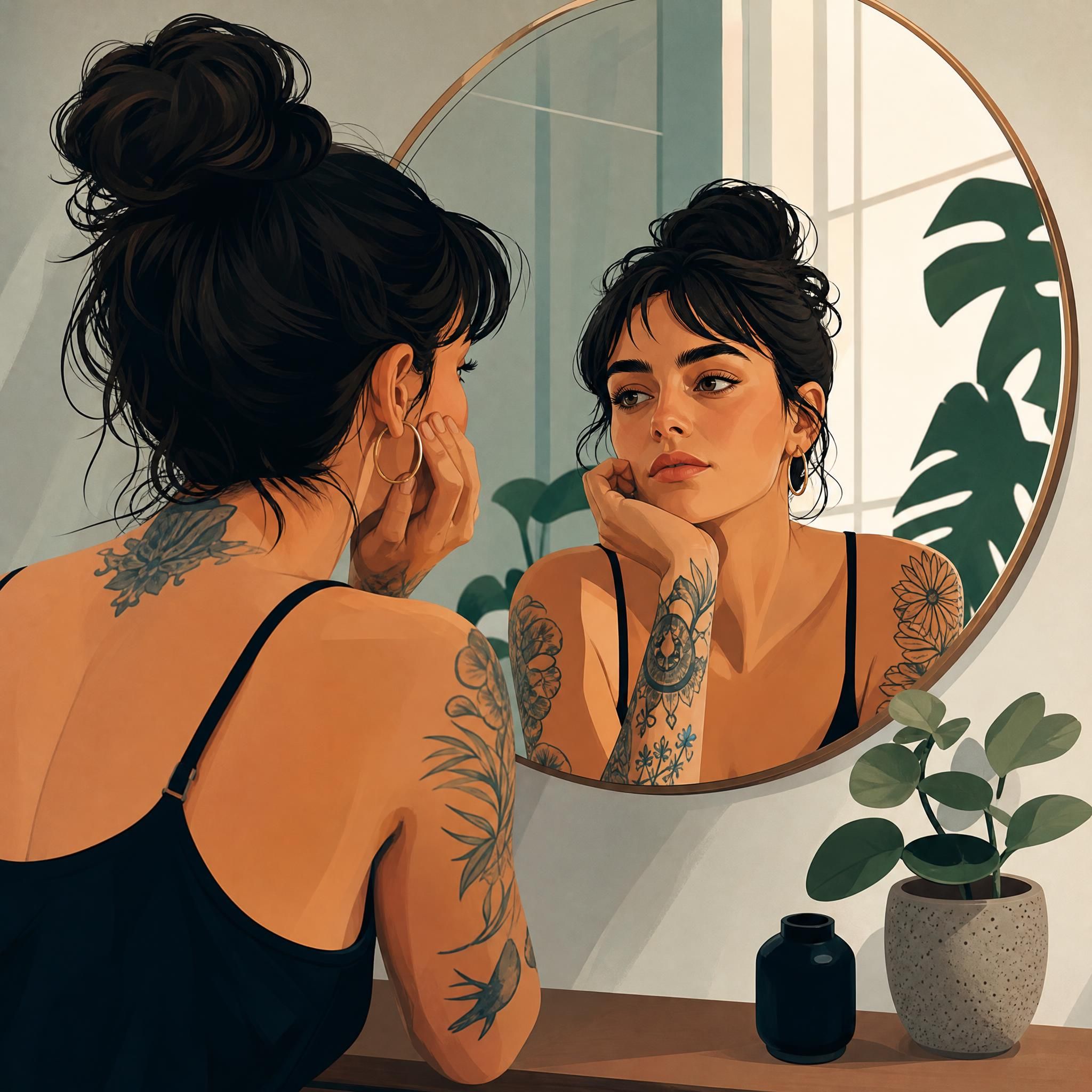Illustration illustrative d'une personne réfléchissant devant un miroir avec des tatouages visibles, style graphique coloré sans texte